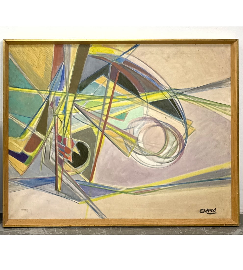 Thomas Eldred abstract painting on canvas. Signed. intersecting lines, curvilinear forms, and bold c (1 of 5)