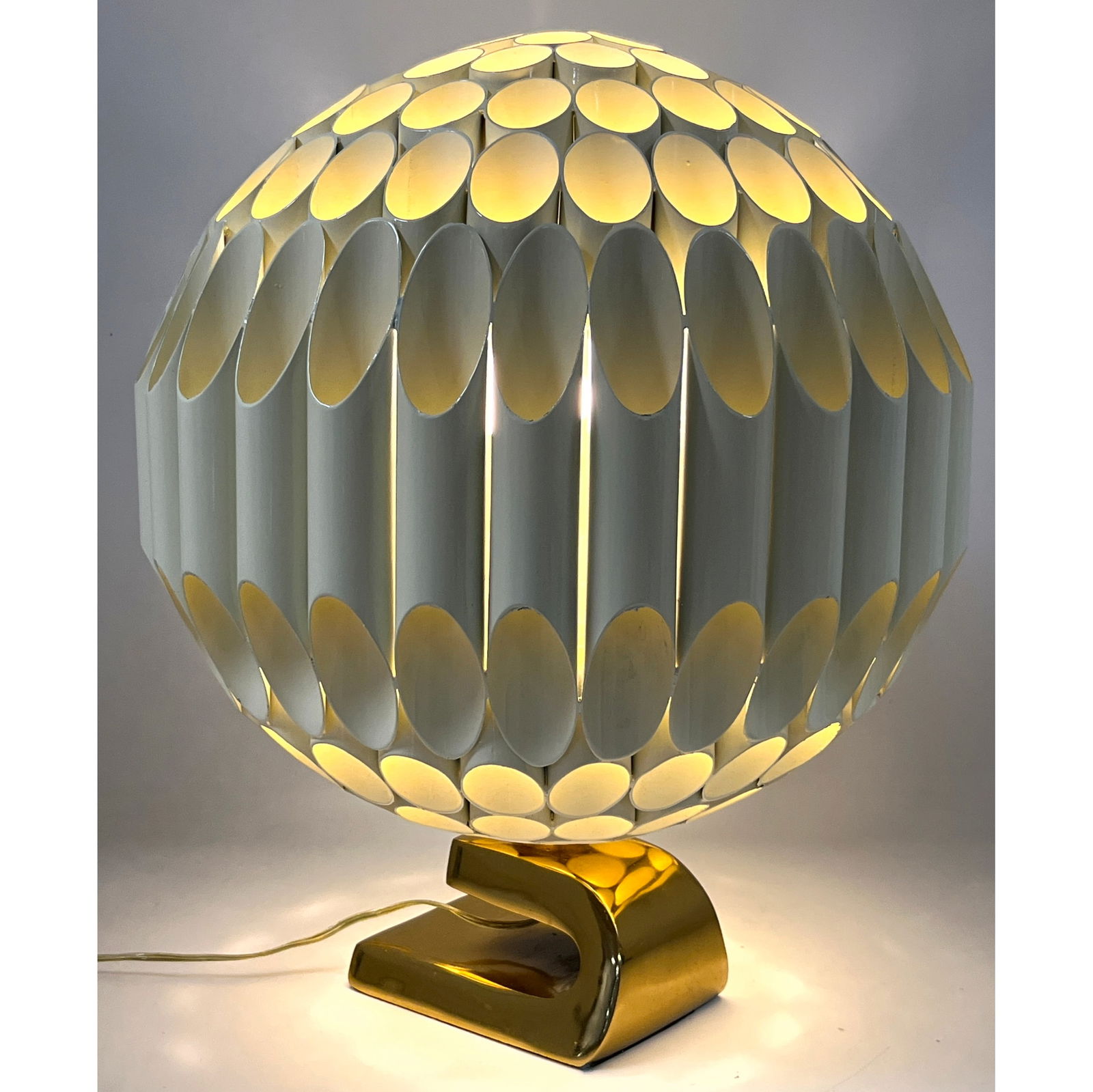 White Enamel Painted Brass Ball Lamp with Brass Base. In the style of Roger Rougier and Michel Arman: White Enamel Painted Brass Ball Lamp with Brass Base. In the style of Roger Rougier and Michel Armand Ruche Dimensions: Height: 20 inches, Width: 18 inches, Depth: 18 inches. --- US Packing and Shippi