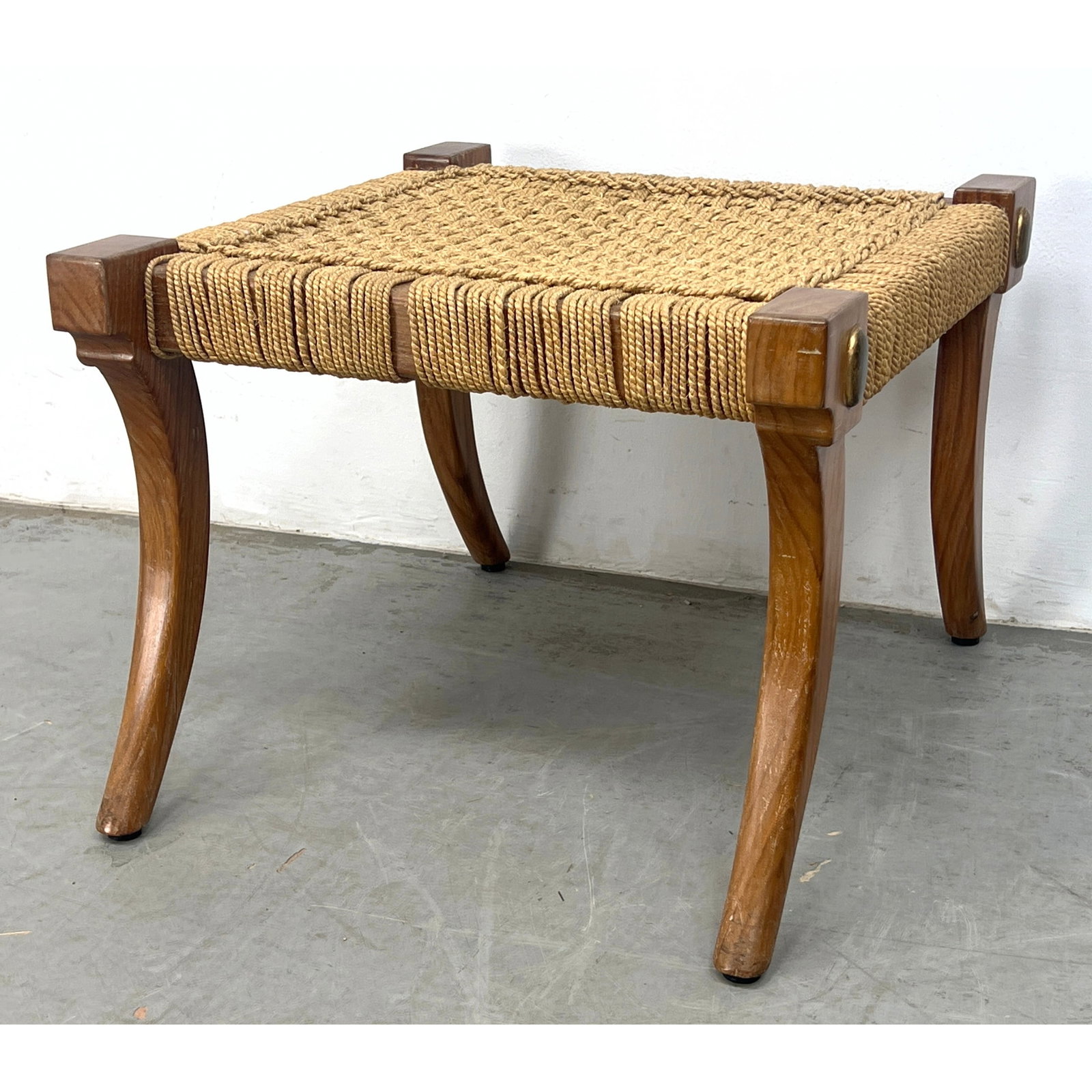 Wood Frame Klismos Bench. Woven Wrapped Rush Seat. Robsjohn Gibbings style. Foil Label: Made in Paki: Wood Frame Klismos Bench. Woven Wrapped Rush Seat. Robsjohn Gibbings style. Foil Label: Made in Pakistan. Dimensions: Height: 17 inches, Width: 22.5 inches, Depth: 24.25 inches. --- - We offer curbsid