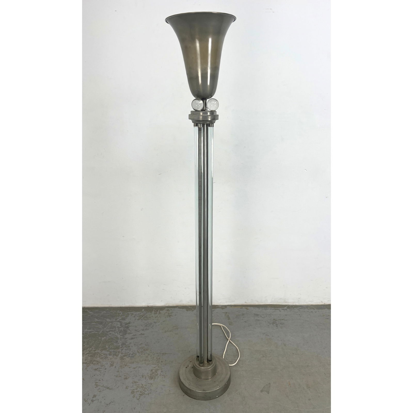Vintage Art Deco Silvered metal Torchiere Lamp. Stepped Base and Column support three clear spheres (1 of 7)