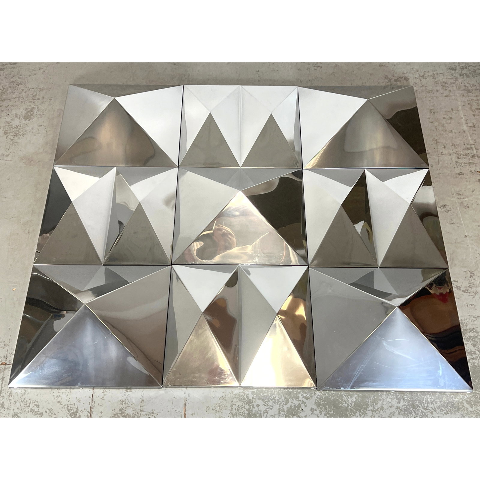 9 Chromed Finish Modernist Acrylic Panels. 5pc Faceted Pyramid Forms. 4pc Faceted Double Pyramid Pan: 9 Chromed Finish Modernist Acrylic Panels. 5pc Faceted Pyramid Forms. 4pc Faceted Double Pyramid Panels. Neat Reflective Faceted Panels Dimensions: Height: 18 inches, Width: 20 inches, Depth: 6 inches