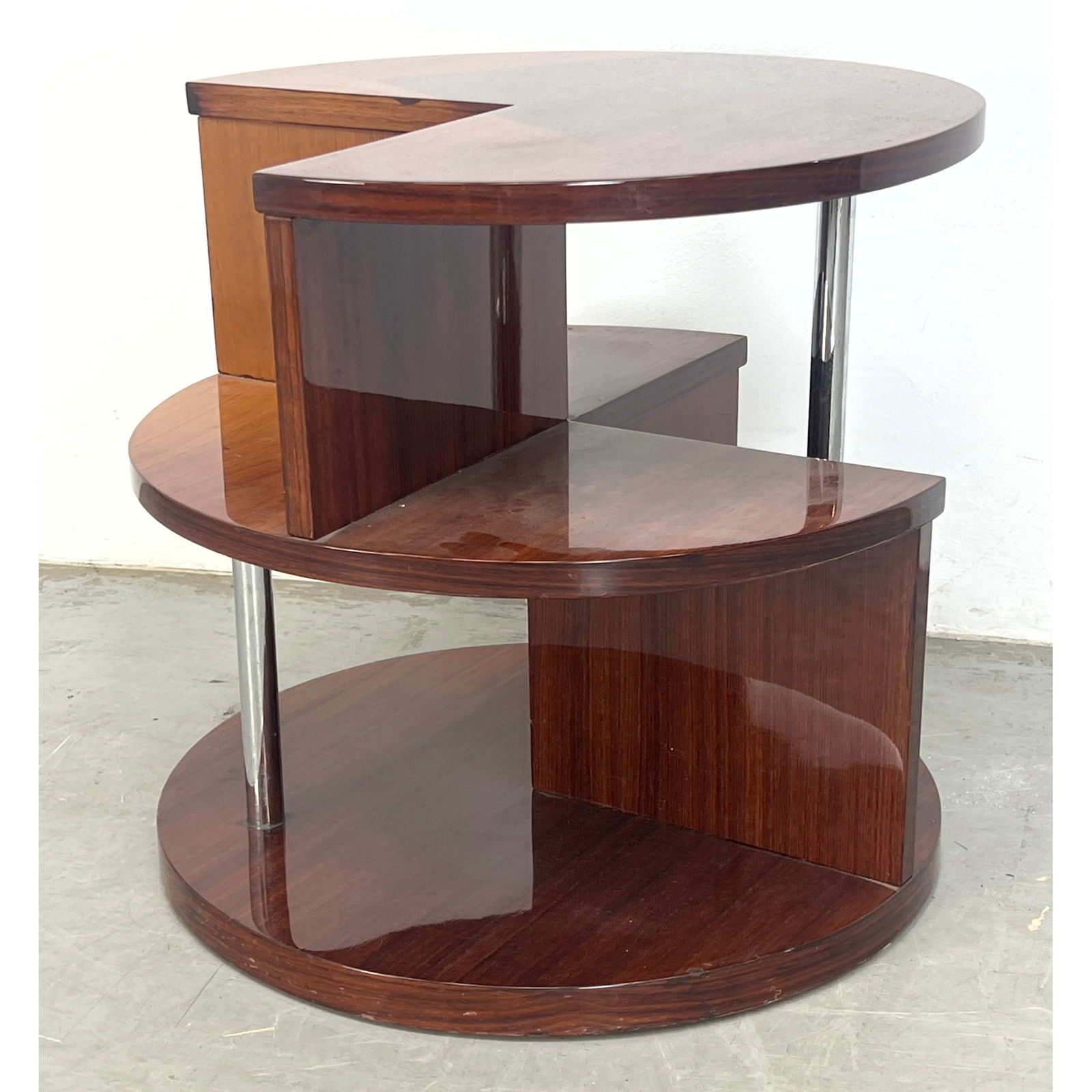 Art Deco era French Polish Round Side Table. Multi Tiered Levels and Display Cubbies for Books or Ob (1 of 8)