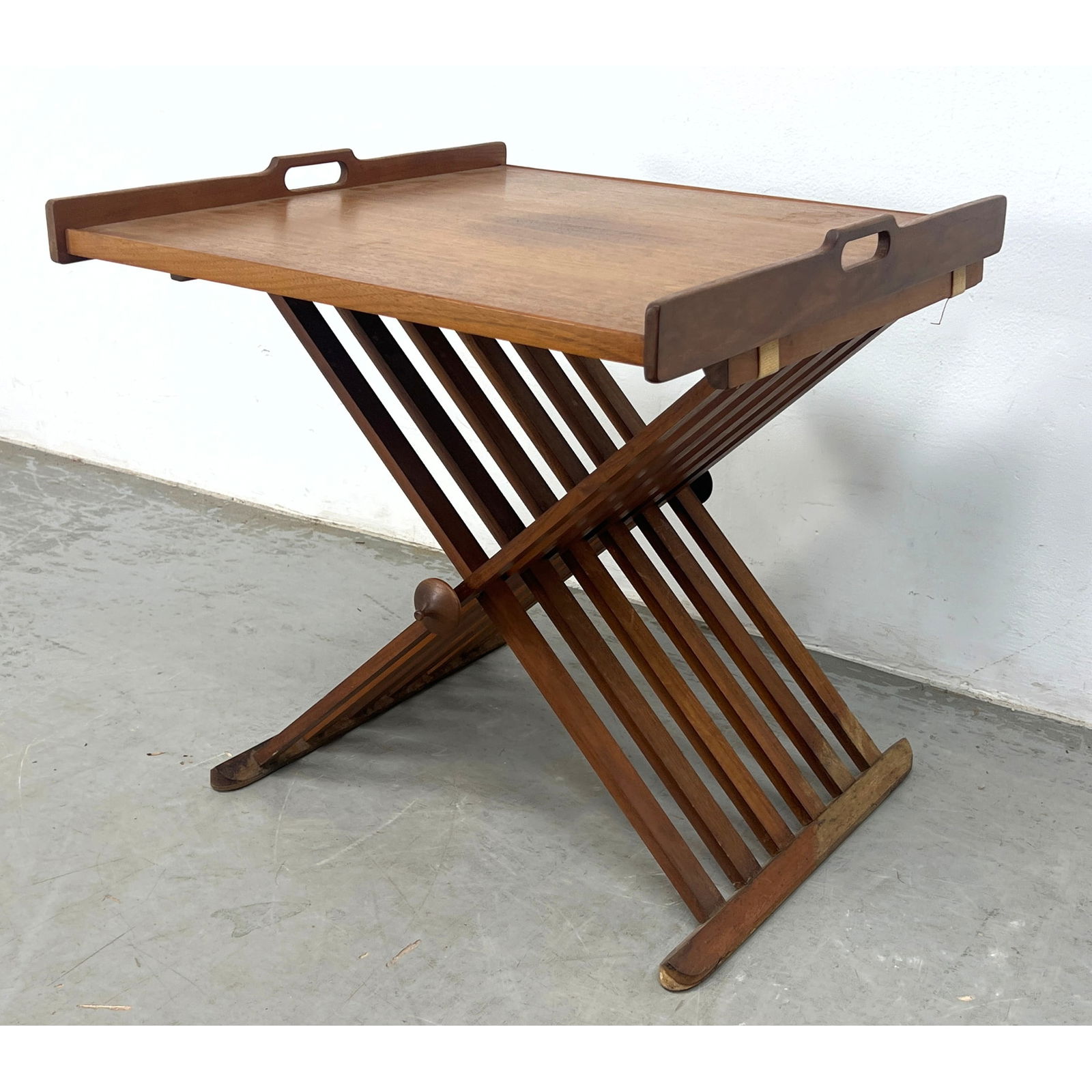 Drexel Walnut scissor base removable tray table: Drexel Walnut scissor base removable tray table Dimensions: Height: 21 inches, Width: 20 inches, Depth: 21 inches. --- - We offer curbside delivery for most items to NYC, Manhattan, Close Brooklyn, Ho