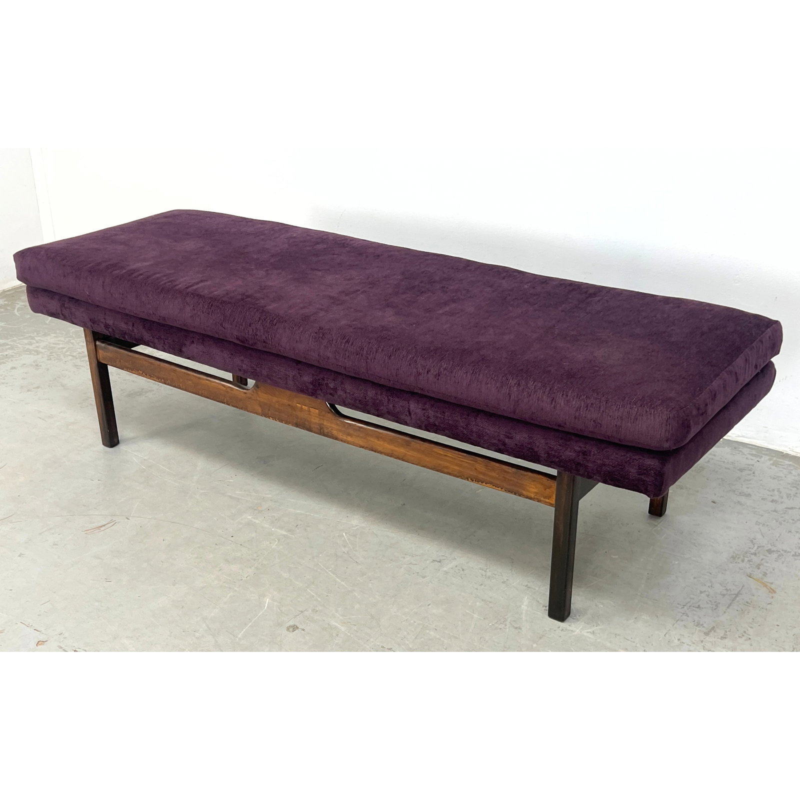 Modernist Wood Base Bench Seat. Purple Chenille Upholstery.: Modernist Wood Base Bench Seat. Purple Chenille Upholstery. Dimensions: Height: 18 inches, Width: 62 inches, Depth: 20.5 inches. --- - We offer curbside delivery for most items to NYC, Manhattan, Clos