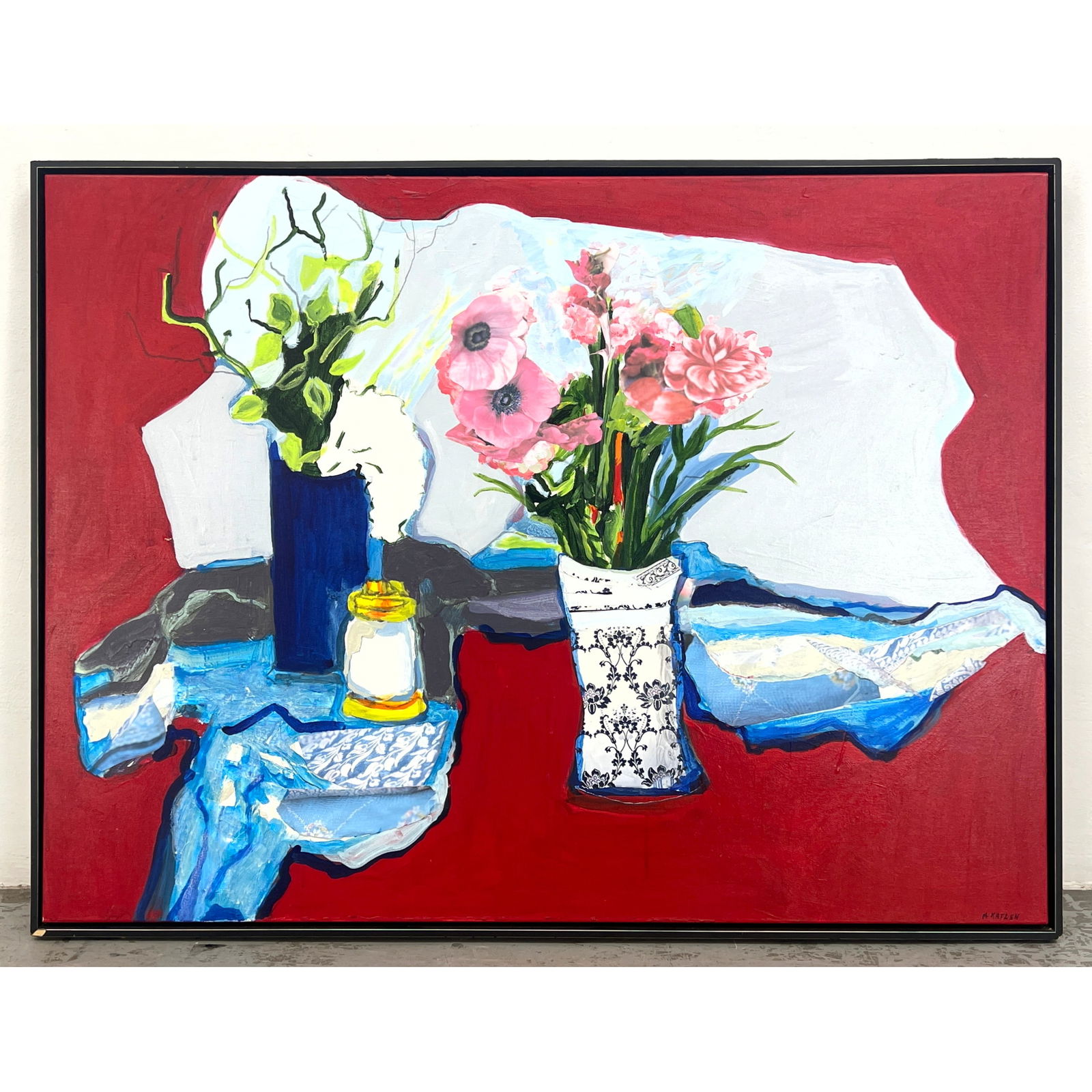 KATZEN Modernist Still Life Collage Painting. Flower Vases on Red Ground. Paper Collage Elements. Si: KATZEN Modernist Still Life Collage Painting. Flower Vases on Red Ground. Paper Collage Elements. Signed. Dimensions: Frame Height: 37.25 inches, Frame Width: 49 inches. - Image Size: Image Height: 36