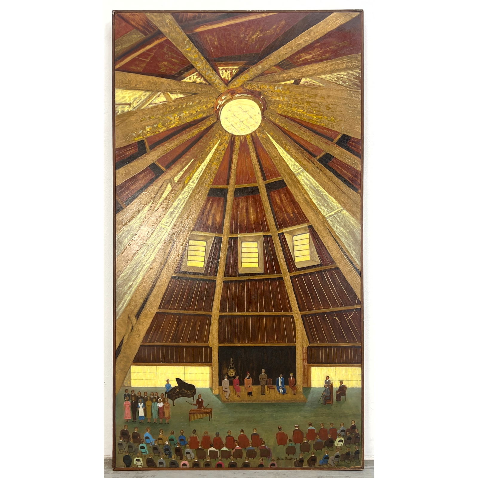 Large TINA FROST Primitive Painting. Church Interior Scene with Congregation, Piano, Choir and Xylop (1 of 9)
