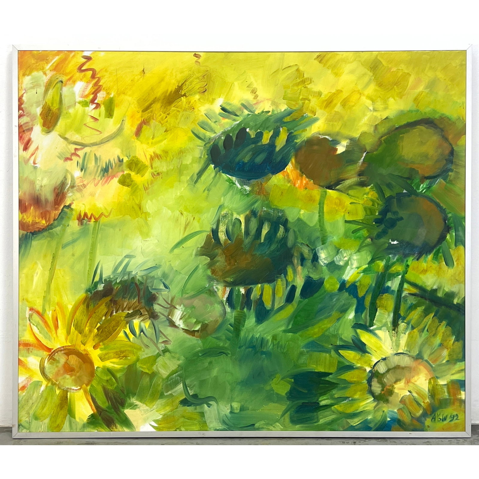 Large Oil on Canvas Impressionist Floral, Sunflowers. Initialed by artist 92.: Large Oil on Canvas Impressionist Floral, Sunflowers. Initialed by artist 92. Dimensions: Height: 40.5 inches, Width: 48 inches. --- - We offer curbside delivery for most items to NYC, Manhattan, Clos