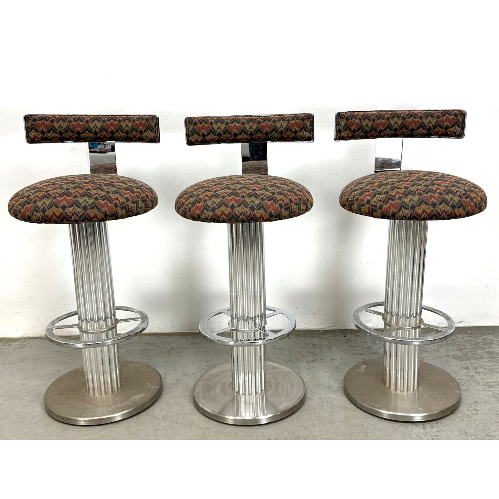 Set 3 DESIGN for LEISURE Chrome Bar Stools. Chrome Ribbed Column Pedestal bases with Round Foot Rest (1 of 12)