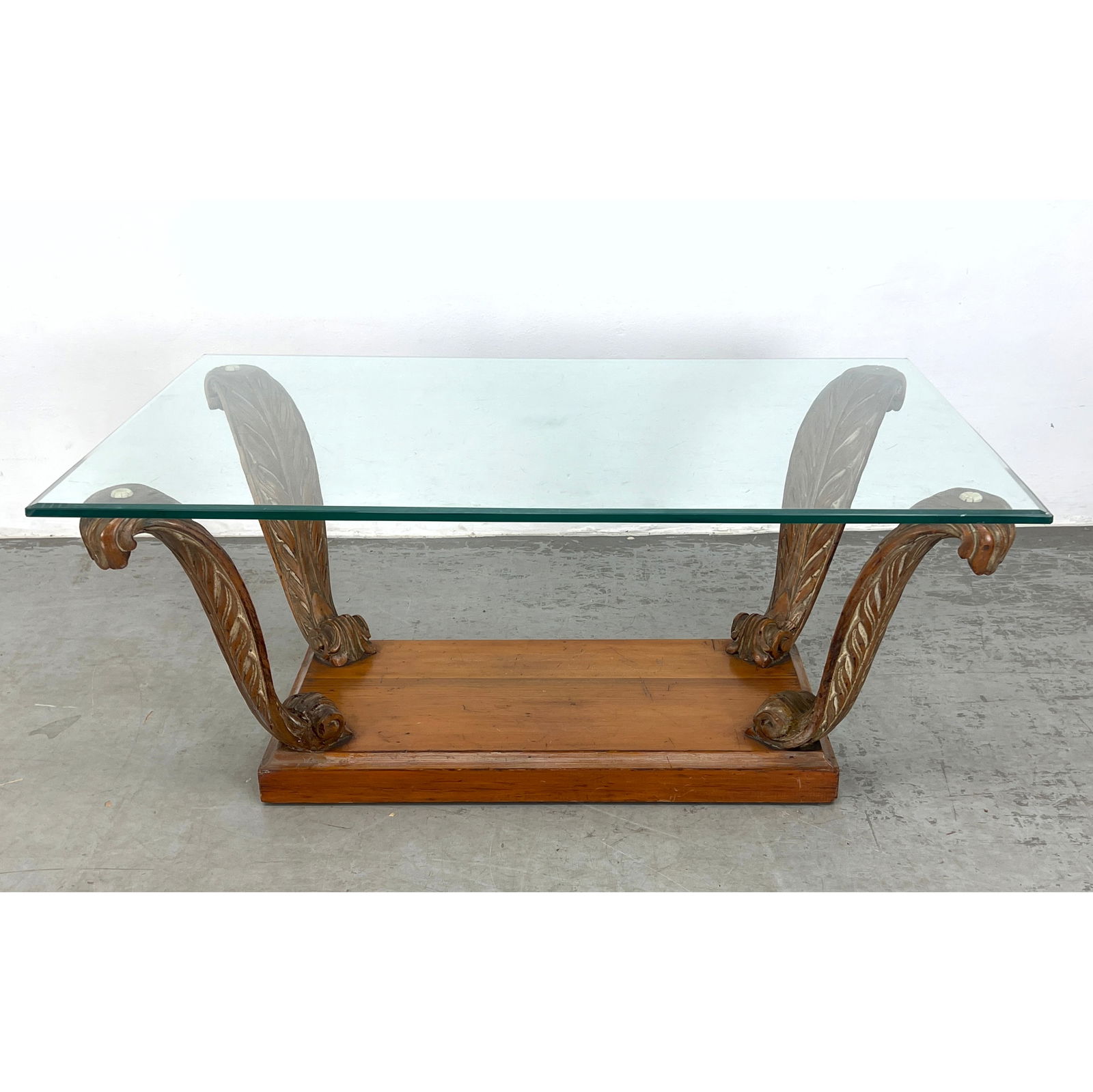 Grosfeld House style Four Feather Plume Leg Console Table. Carved Wood Plume Legs support Glass Top. (1 of 7)