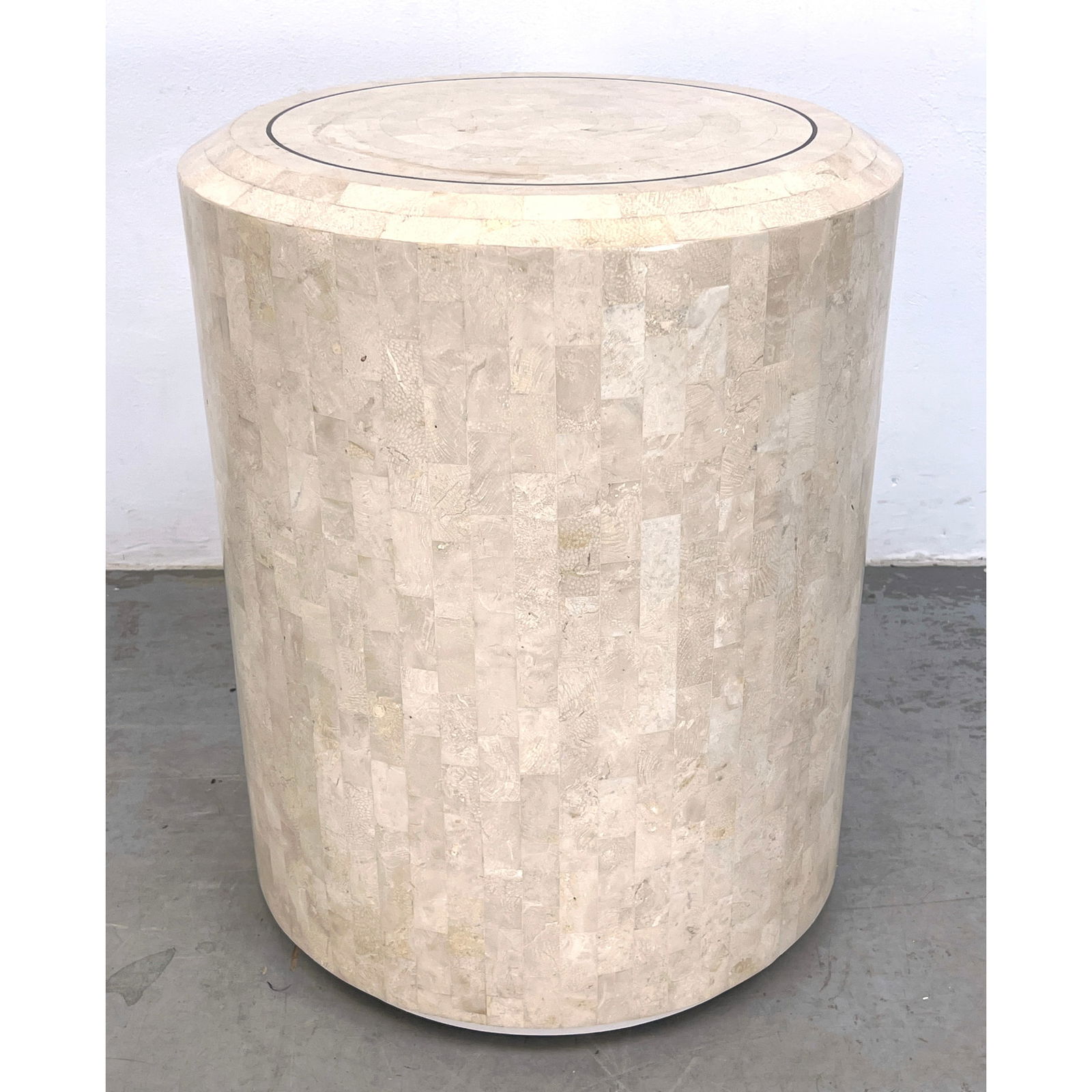 Maitland Smith Tessellated Stone with inset Brass Pedestal Side Table. Unmarked. (1 of 7)