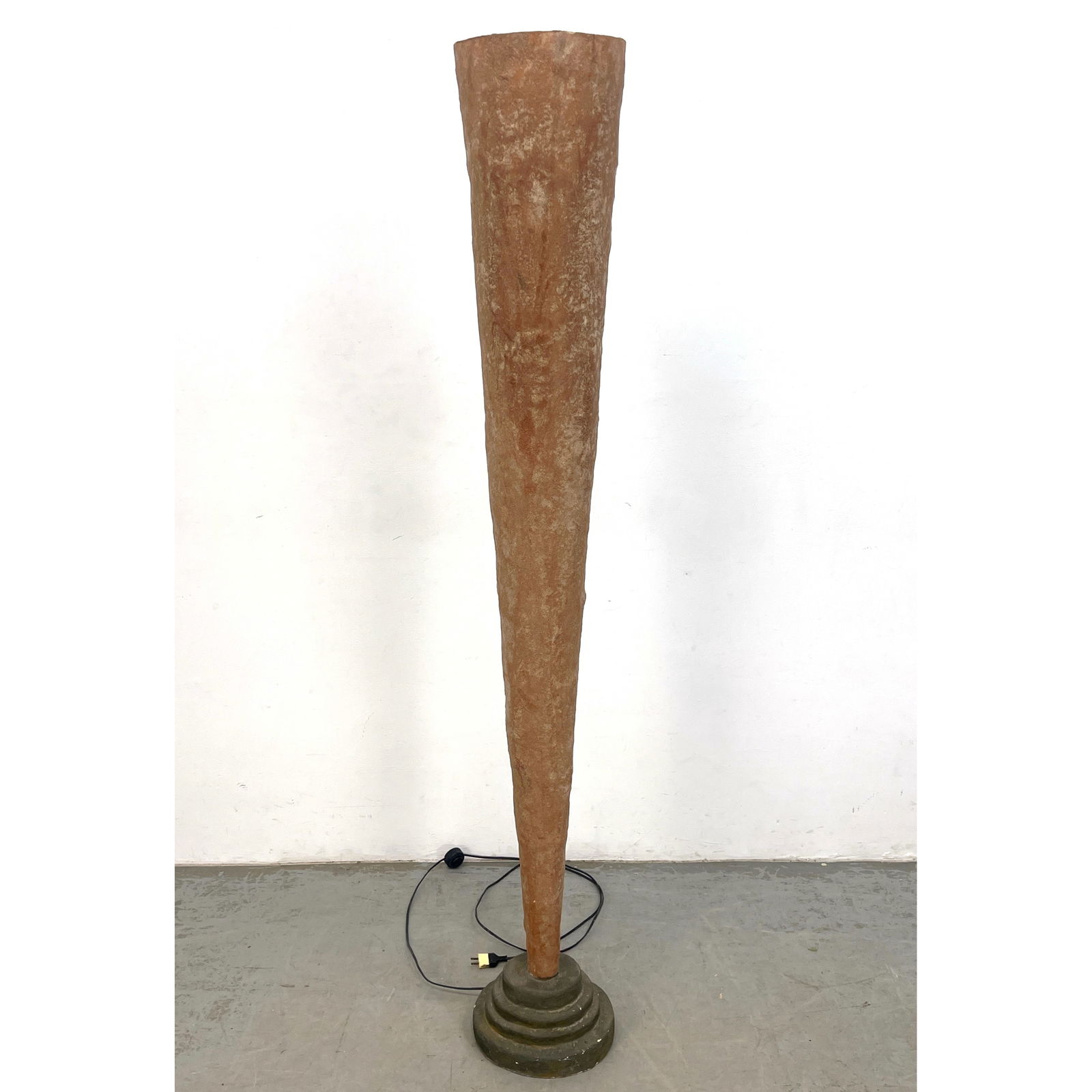 Vintage fiberglass Deco Conical Floor Lamp. Resembling rough hewn rock.: Vintage fiberglass Deco Conical Floor Lamp. Resembling rough hewn rock. Dimensions: Height: 69.5 inches, Width: 11.25 inches, Depth: 11.25 inches. --- - We offer curbside delivery for most items to NY