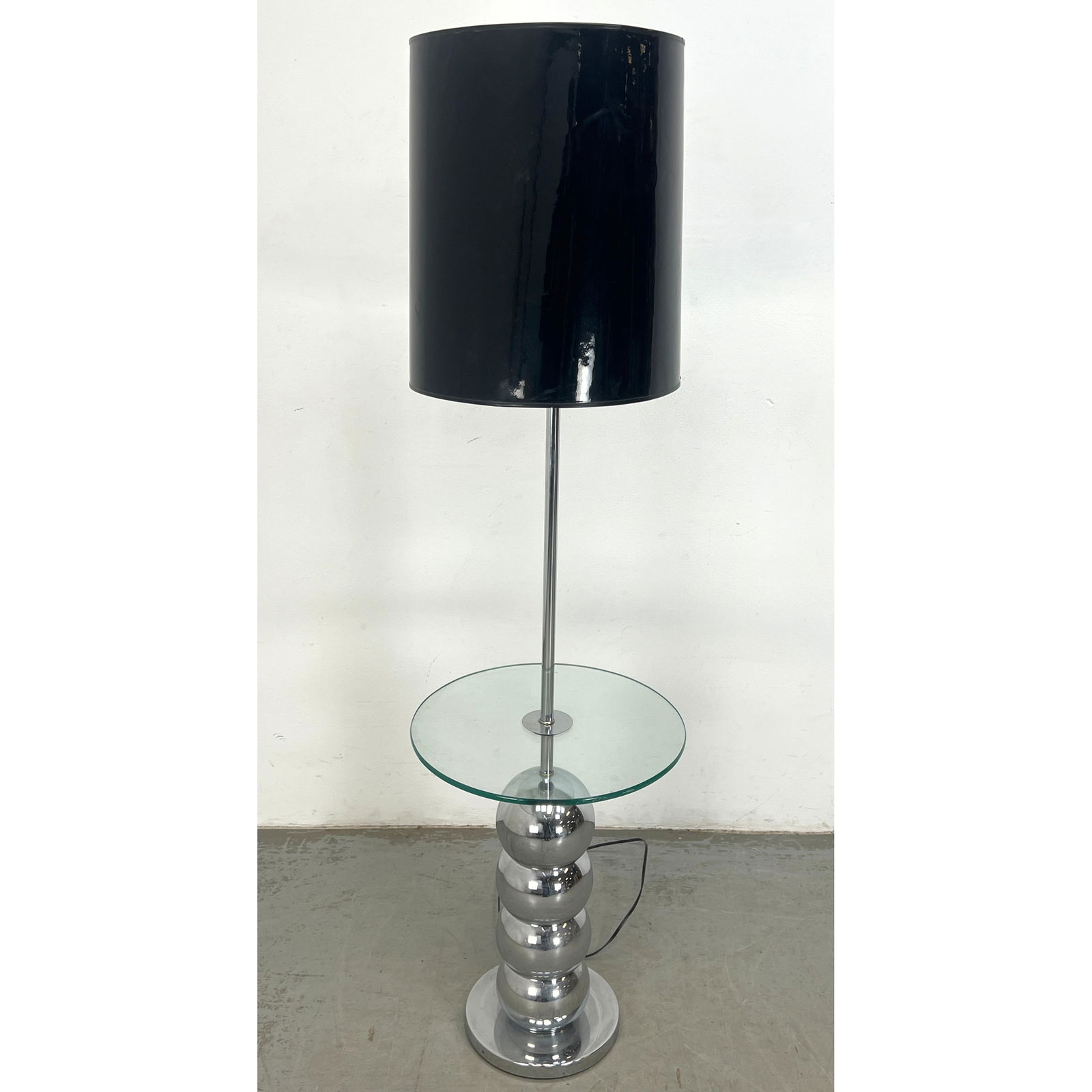 Sonneman style Stacked Chrome Ball Table Floor Lamp. Round Glass Table. Black Shade. (1 of 7)