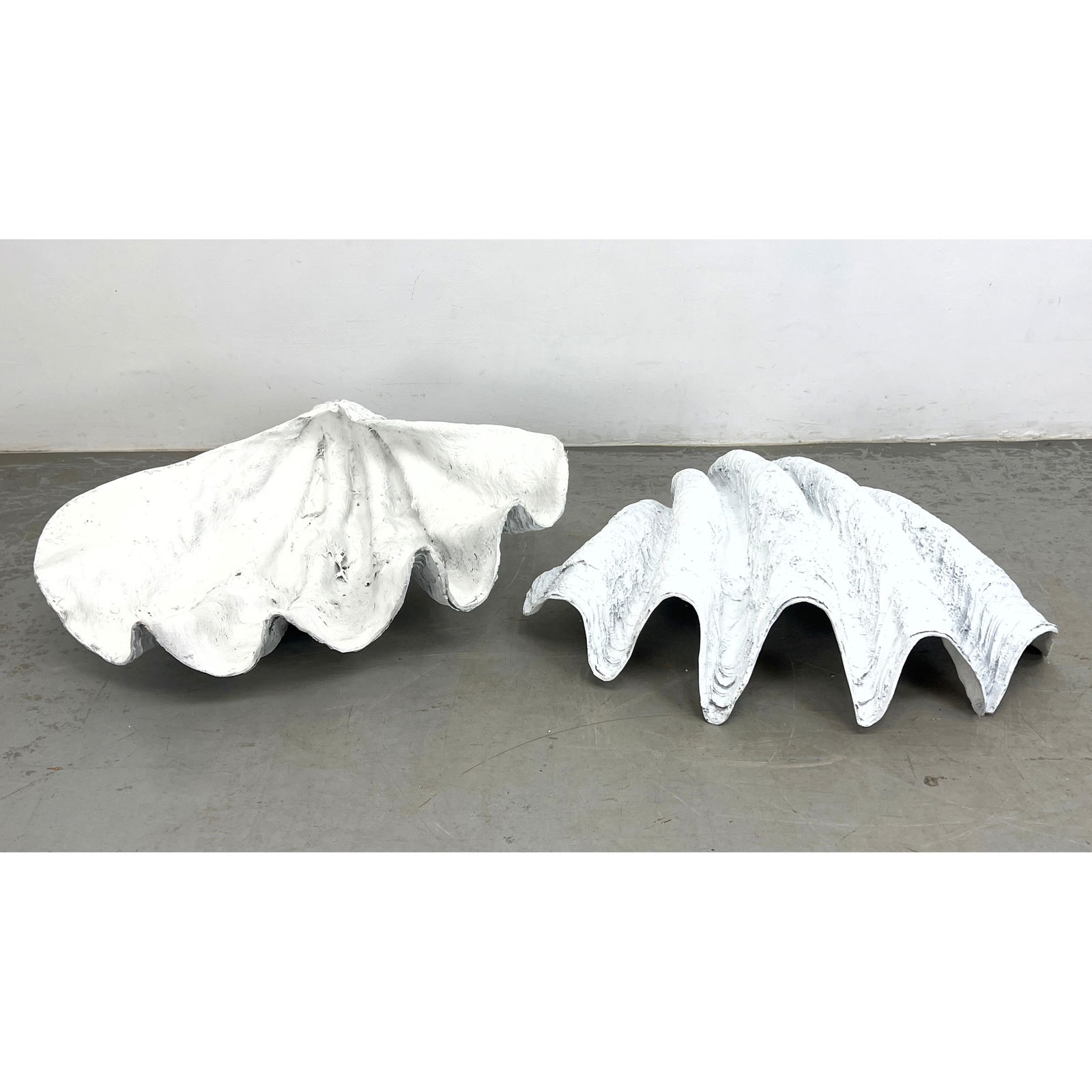 2pc Large Faux Giant Clam Shells. Fiberglass Shell forms with heavy white paint finish.: 2pc Large Faux Giant Clam Shells. Fiberglass Shell forms with heavy white paint finish. Dimensions: Height: 12 inches, Width: 34.5 inches, Depth: 24 inches. --- - We offer curbside delivery for most i