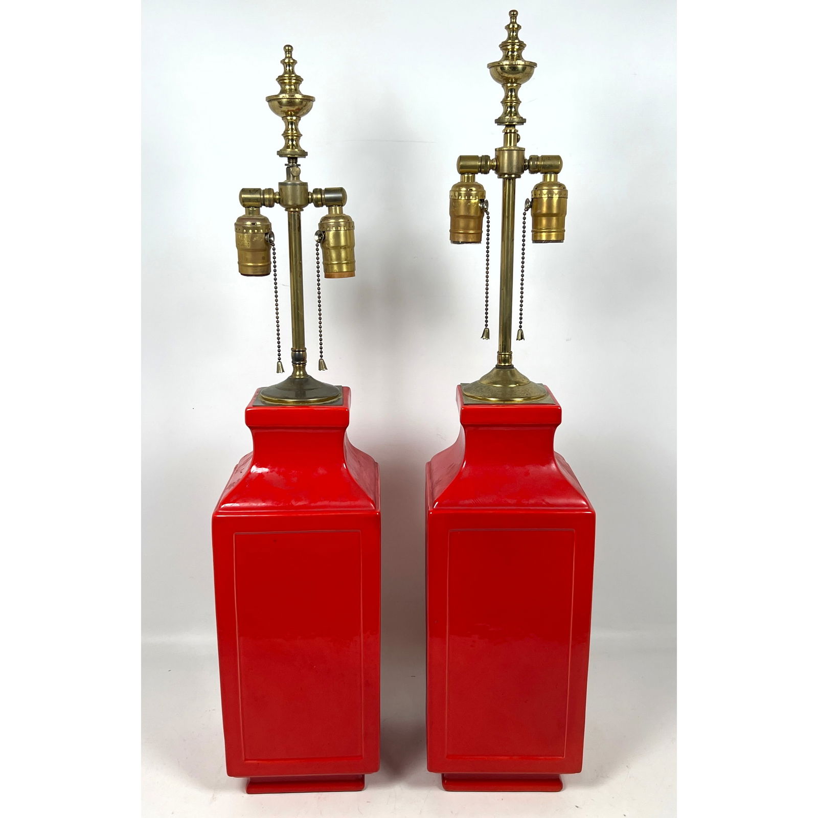Pair Mid Century Modern Red Glazed Ceramic Lamps. Decorator Style, Fire Engine Red (1 of 14)