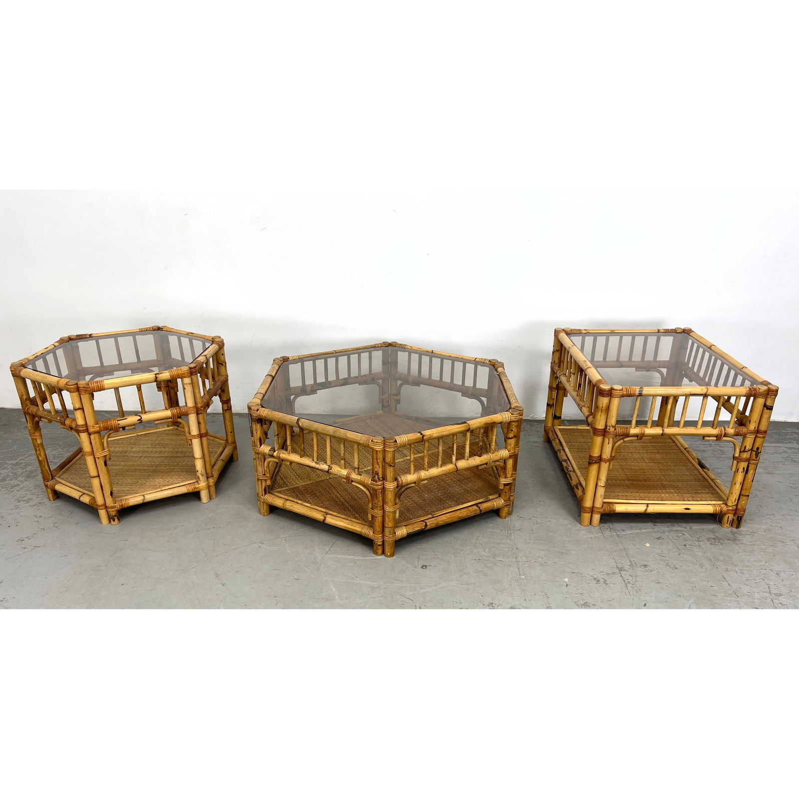 3pc Bamboo Rattan Wrapped Glass Top Side , Coffee Tables. Two Hexagonal. One Rectangular. (1 of 16)