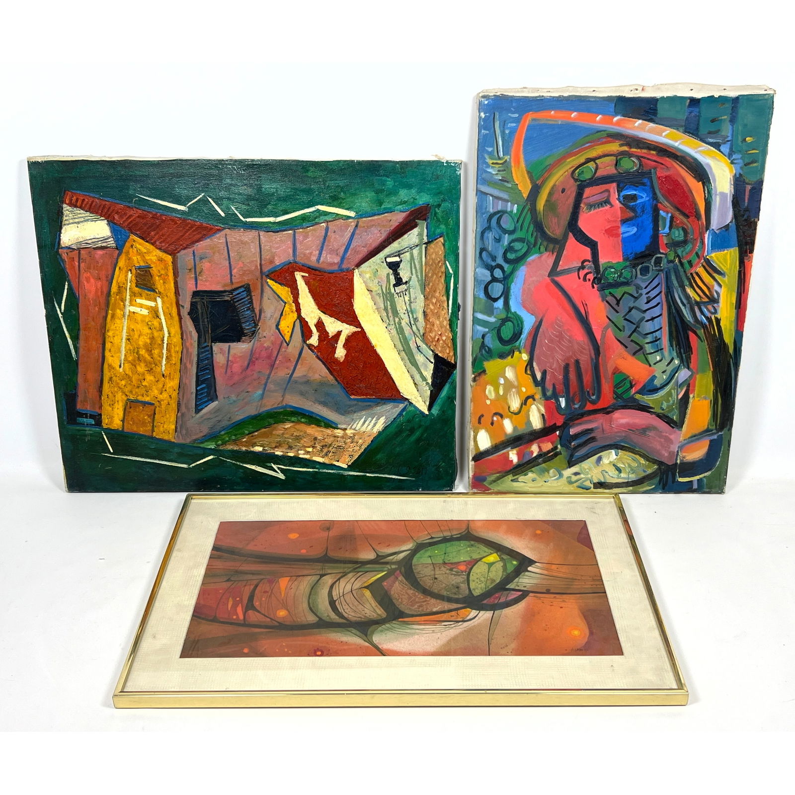 3pcs abstract Modern Paintings. Hibbits, 2 unsigned.: 3pcs abstract Modern Paintings. Hibbits, 2 unsigned. Dimensions: Height: 20 inches, Width: 24 inches. --- US Packing and Shipping charge: In house shipping available. Will be calculated once destinati