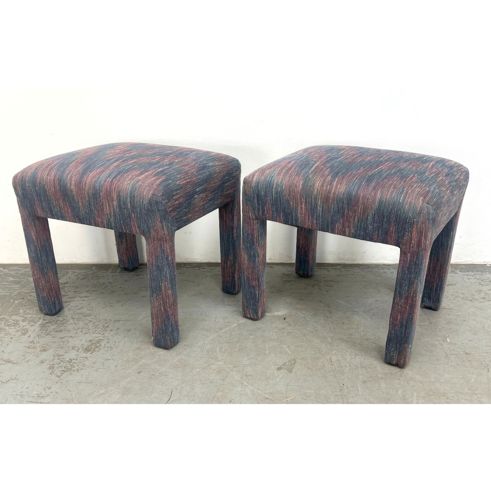 Pr Mid Century Fully Upholstered Stools Benches. Bargello style Fabric.: Pr Mid Century Fully Upholstered Stools Benches. Bargello style Fabric. Dimensions: Height: 20 inches, Width: 20 inches, Depth: 17.25 inches. --- - We offer curbside delivery for most items to NYC, Ma