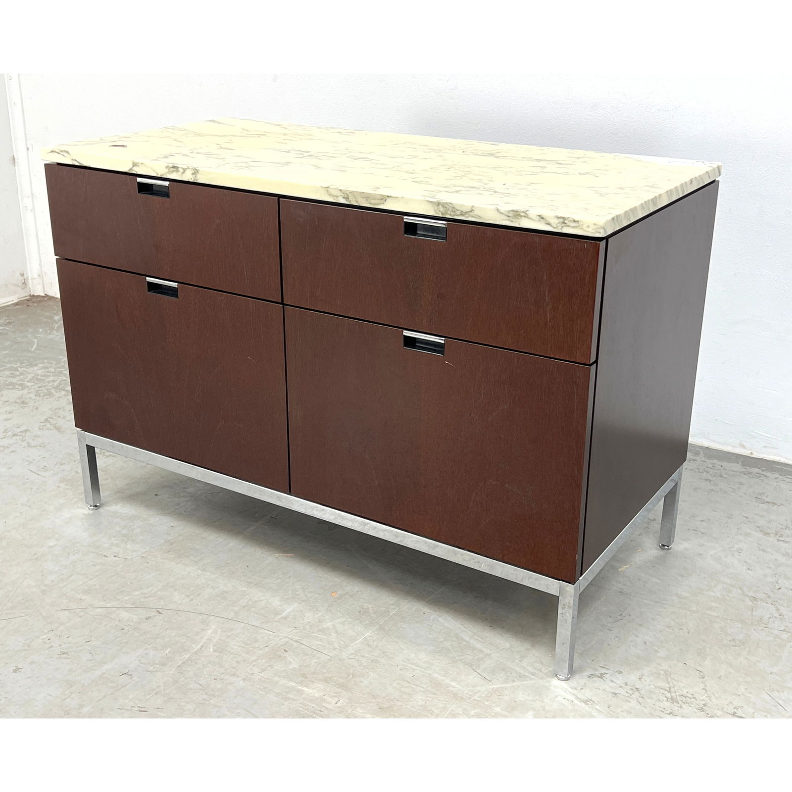 FLORENCE KNOLL Marble Top Office Credenza. 4 Drawers including 2 File Drawers. Square Chrome Leg Fra: FLORENCE KNOLL Marble Top Office Credenza. 4 Drawers including 2 File Drawers. Square Chrome Leg Frame. Dimensions: Height: 25.5 inches, Width: 37.75 inches, Depth: 18 inches. --- - We offer curbside