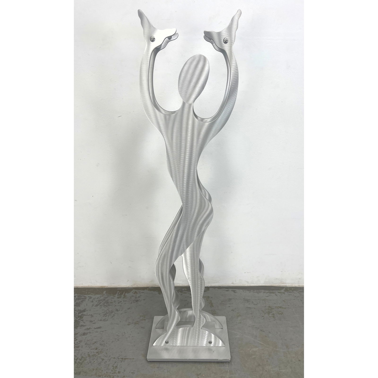 Modernist Figural Sculpture. Two Identical Metal Human Forms with Raised Arms. Connected by tubes. J (1 of 12)