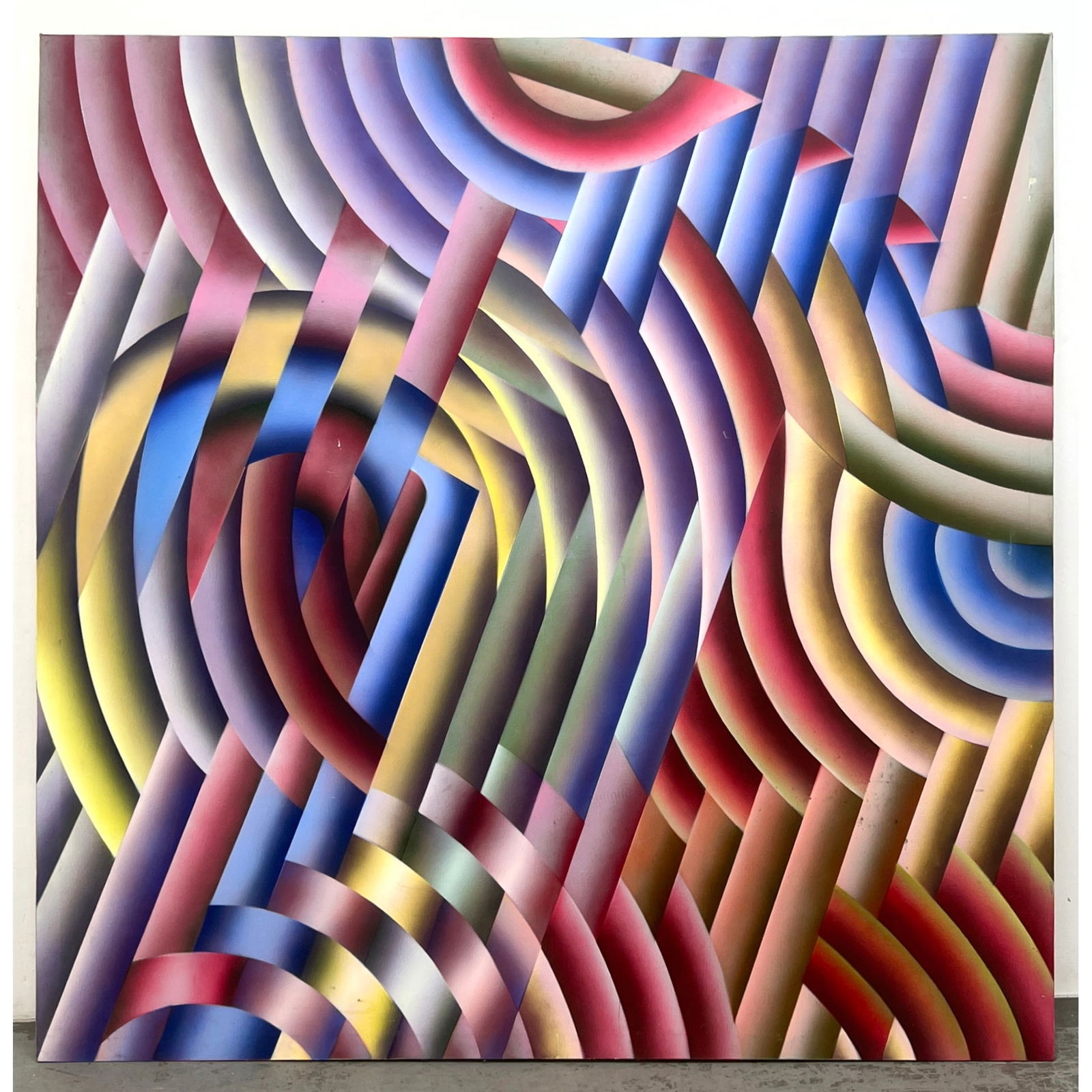 Large Modernist OP ART Painting. Colorful "woven" ribbons intersect and criss-cross on the canvas. N (1 of 10)