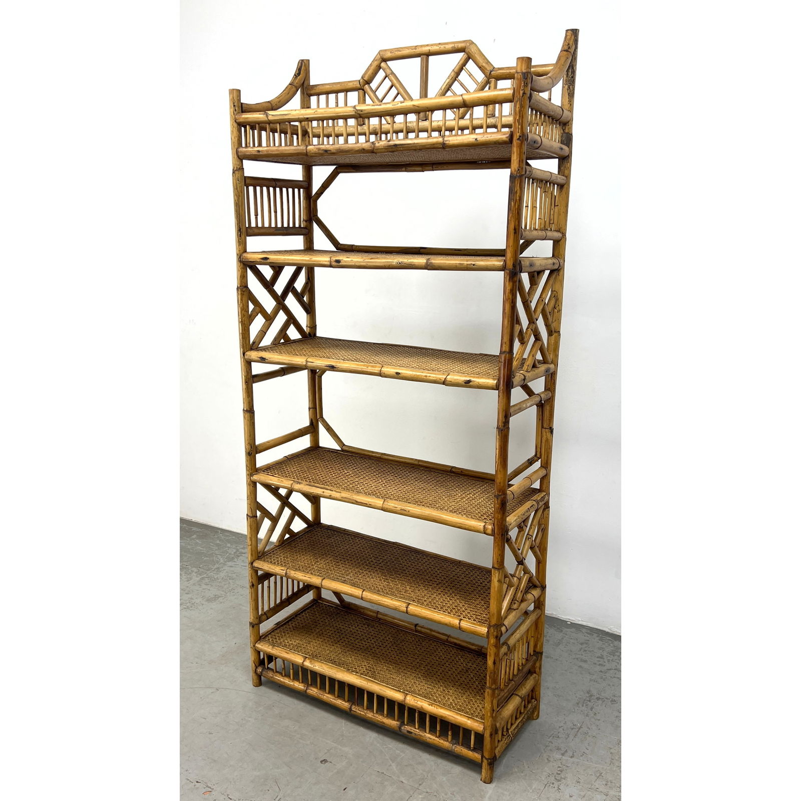 Tall Rattan Bamboo Etagere Display Shelf Unit. (1 of 9)