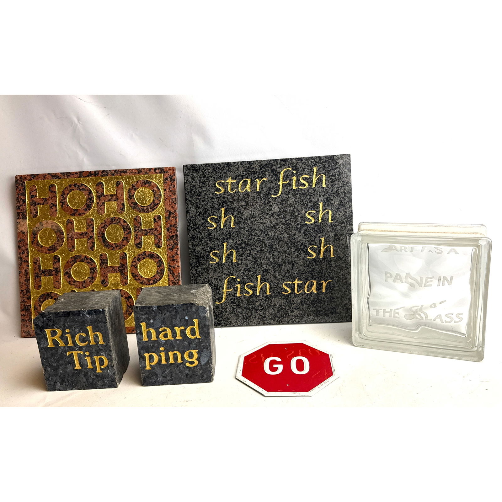 6pc lot Richard Tipping TEXT art pieces. Bookends, STOP, Marble plaques. Artist from Australia: 6pc lot Richard Tipping TEXT art pieces. Bookends, STOP, Marble plaques. Artist from Australia Dimensions: Height: 12 inches, Width: 12 inches, Depth: 1 inches. --- US Packing and Shipping charge: In