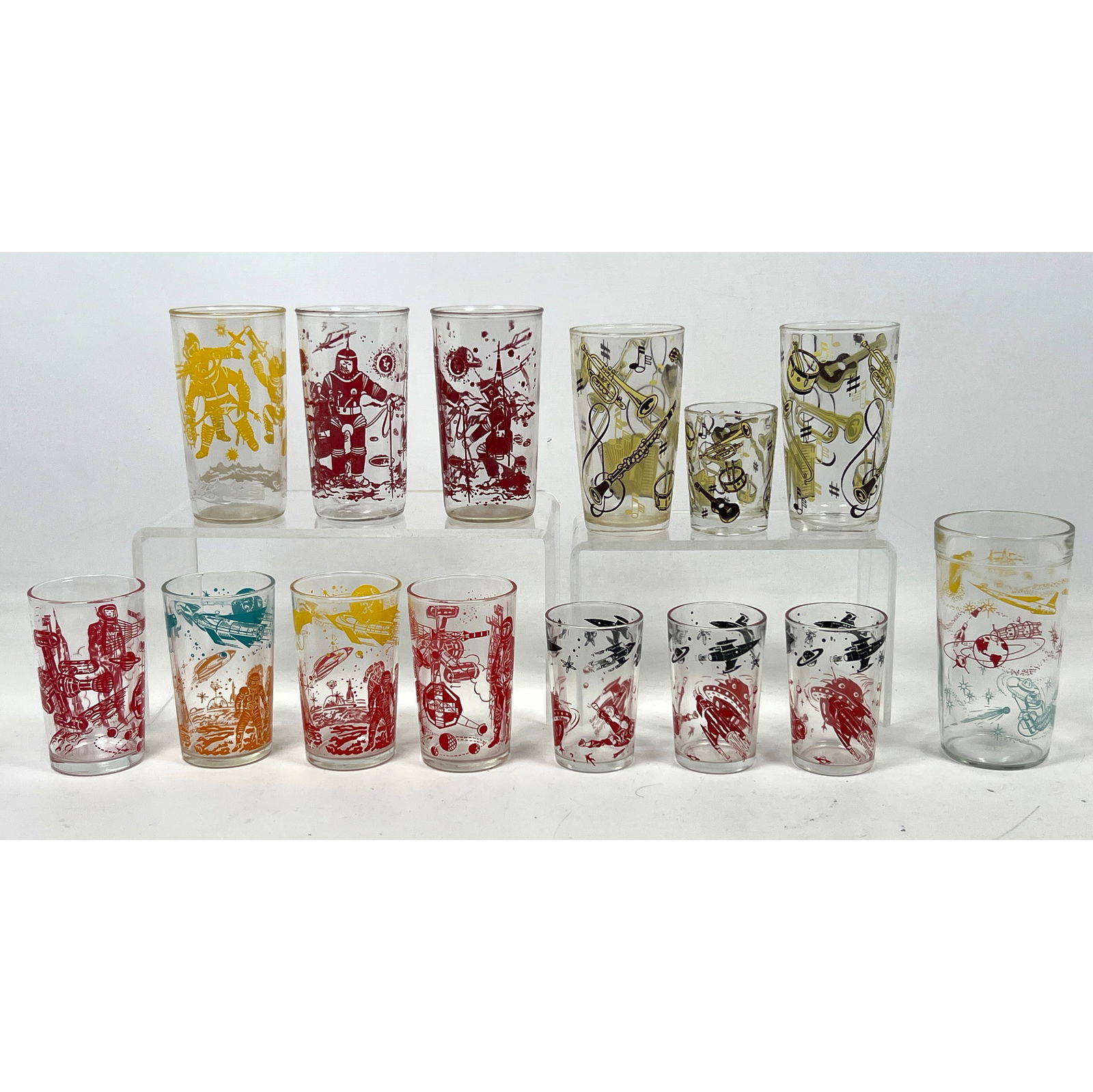14pcs 40s/50s Vintage Space Age Mid Century Drinking Glasses. Robots, Musical Instruments, Space shi (1 of 12)