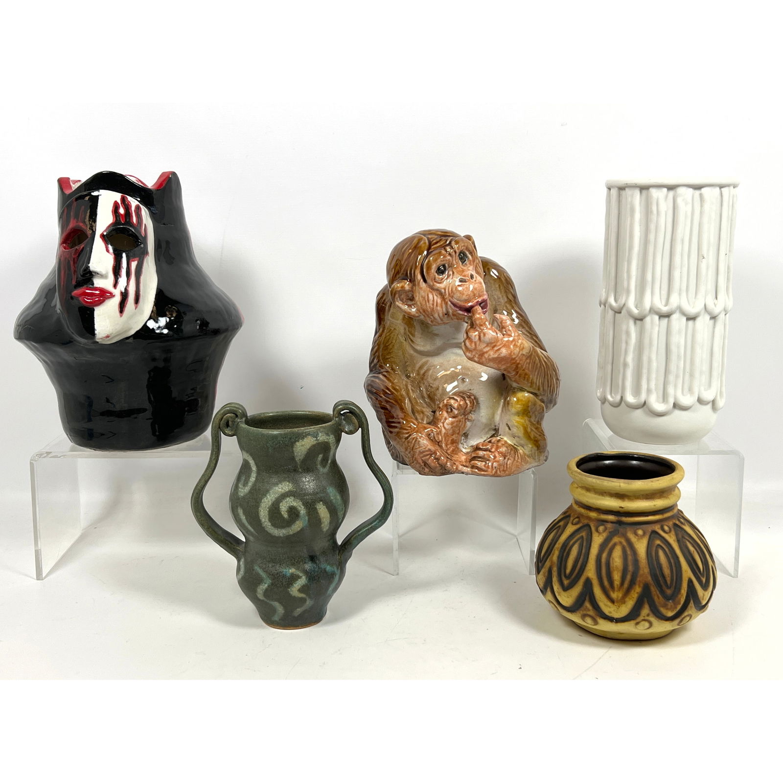 5pc Modernist Ceramic Pottery Objects Vases. MCM. Very Cool Glazed Monkey Figure Sculpture. 2) Mask (1 of 19)