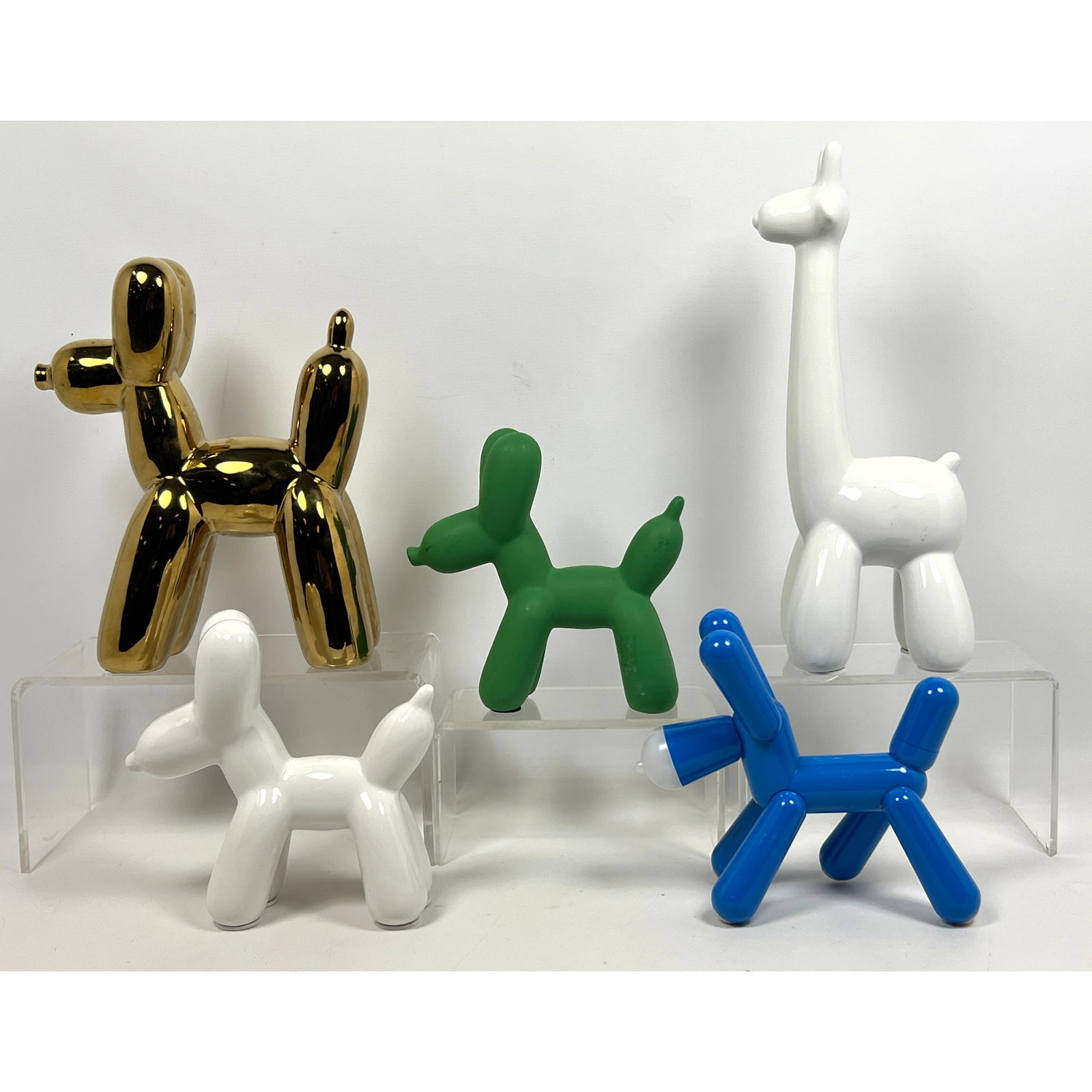 5 "Balloon" Animals. Three Colored Dogs. One Tall White Giraffe. Blue Dog Is Jointed and can do Tric: 5 "Balloon" Animals. Three Colored Dogs. One Tall White Giraffe. Blue Dog Is Jointed and can do Tricks Like "Sit", "Beg", "Stand". After Jeff Koons. No marks found. Dimensions: Height: 13 inches, Widt