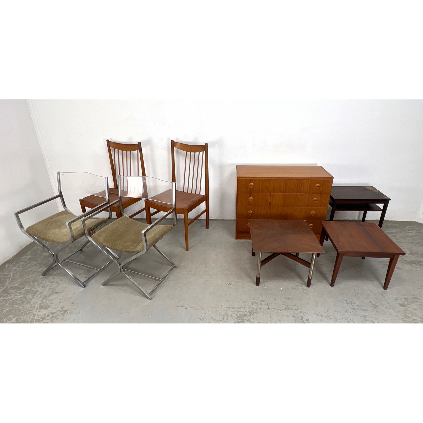 8pc Mid-Century Modern furniture. Teak dresser, 4 chairs and 3 tables. (1 of 20)