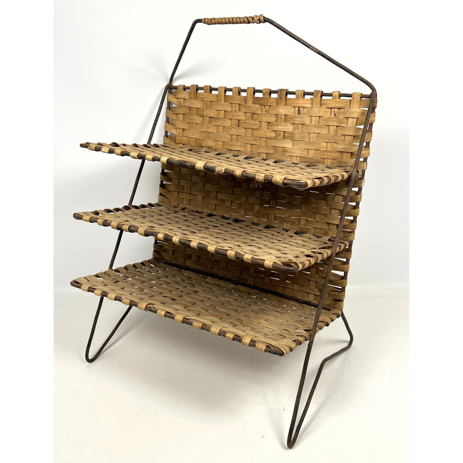 French Rattan and Iron 3 Tier Magazine Stand. Wrapped handle. (1 of 10)