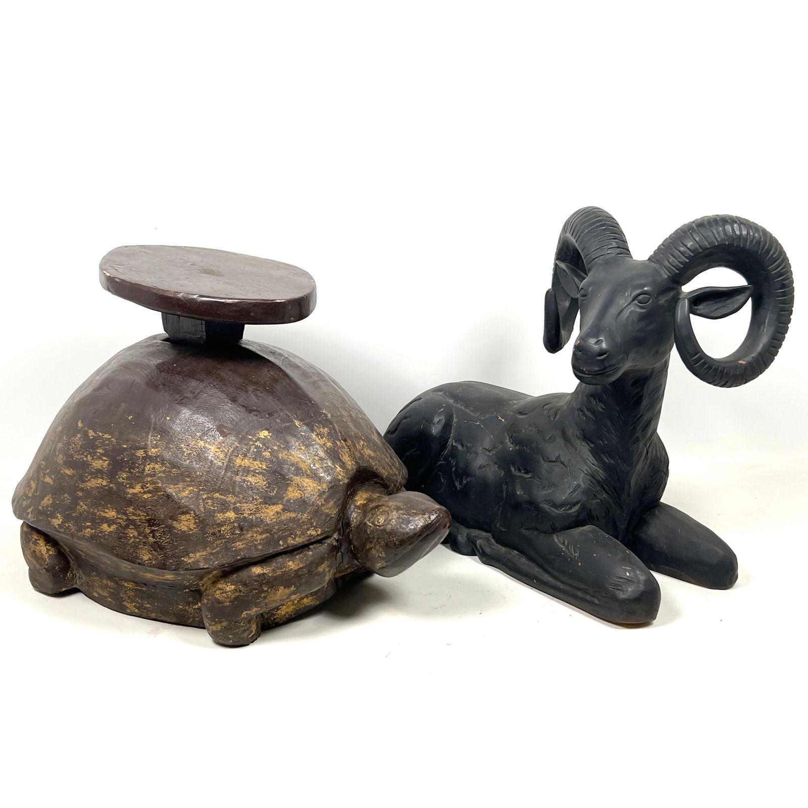 2pcs Wood decorative Objects. Ram Sculpture and Turtle stand.: 2pcs Wood decorative Objects. Ram Sculpture and Turtle stand. Dimensions: Height: 14 inches, Width: 14 inches, Depth: 21 inches. - Additional Dimensions: Ram H: 15.5 inches, W: 9 inches, D: 19 inches