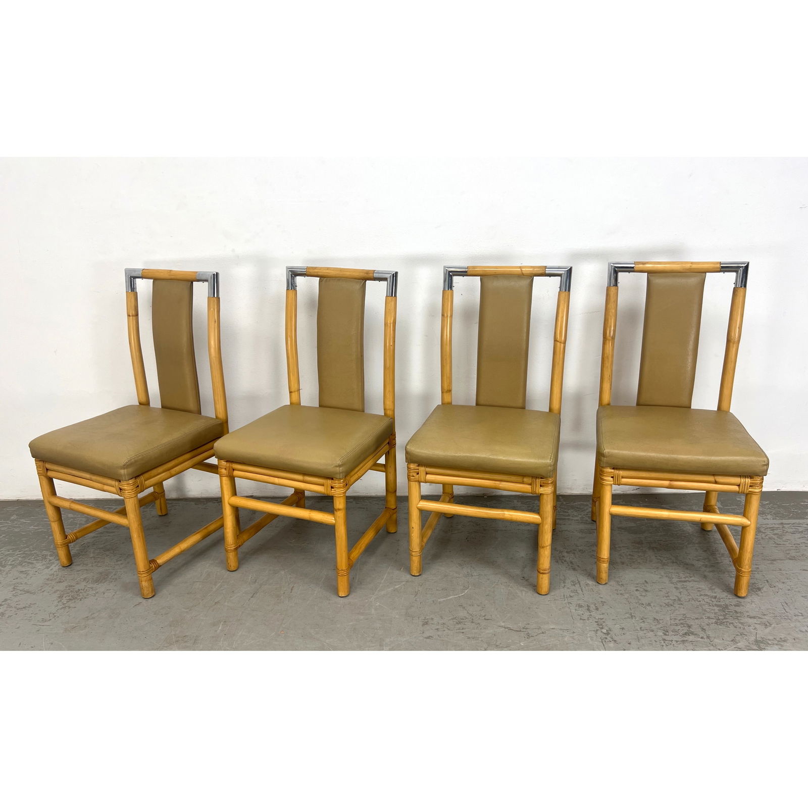 Set 4 Bamboo and Chrome Dining Chairs Clean Naugahyde Upholstery. McGuire Style (1 of 9)