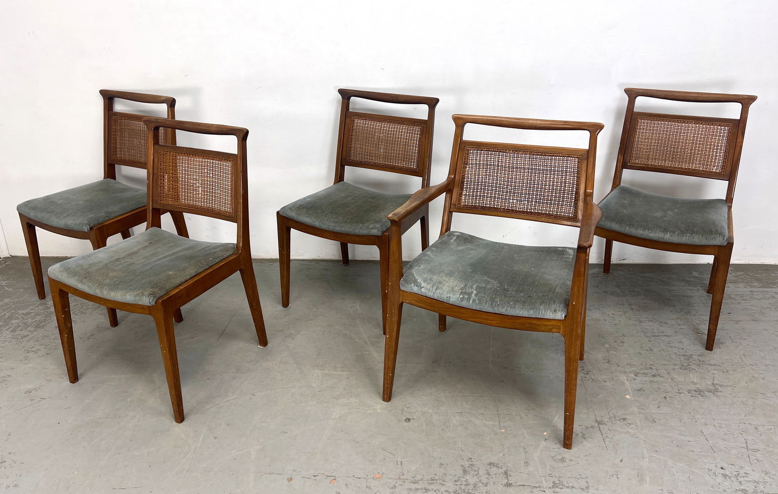 5 Mount Airy Janus Mid Century Walnut and Cane Dining Chairs, One armchair (1 of 18)