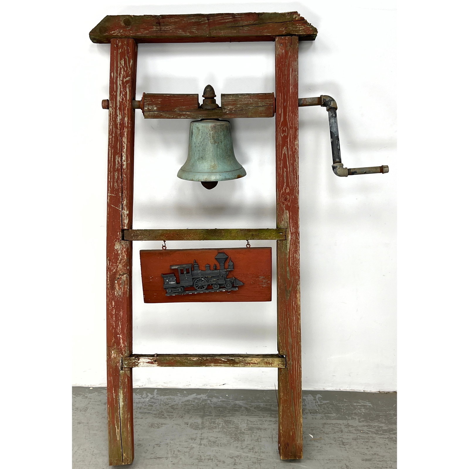 Antique Rustic Bronze Bell with Train Plaque.: Antique Rustic Bronze Bell with Train Plaque. See video: https://youtube.com/watch?v=06APr1_yh6I Dimensions: Height: 69.5 inches, Width: 38 inches, Depth: 11 inches. - Additional Dimensions: Bell only