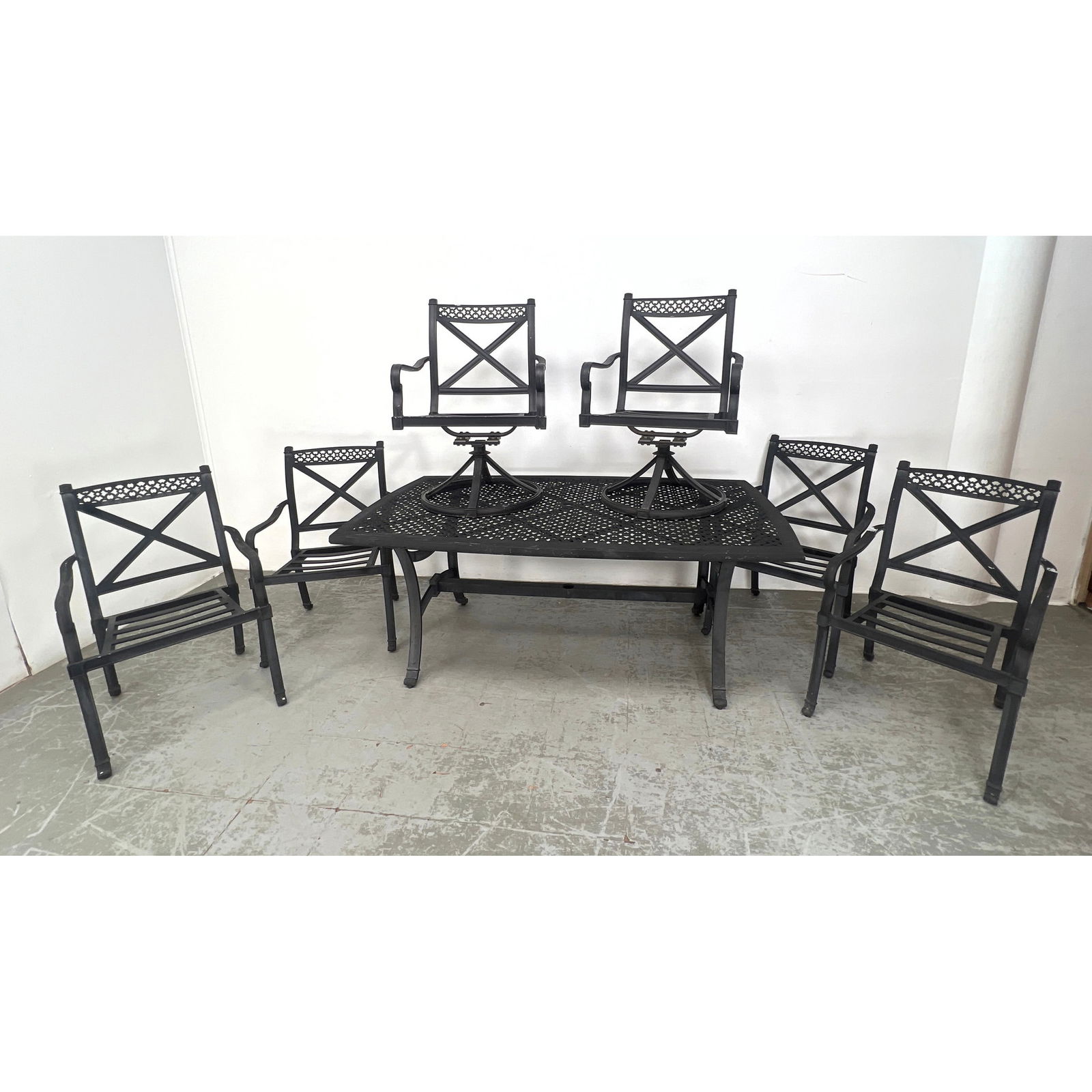 7pc Black metal Outdoor Dining Table. 6 Arm Chairs; 4 with legs, 2 with pedestal bases. Garden, Deck (1 of 15)