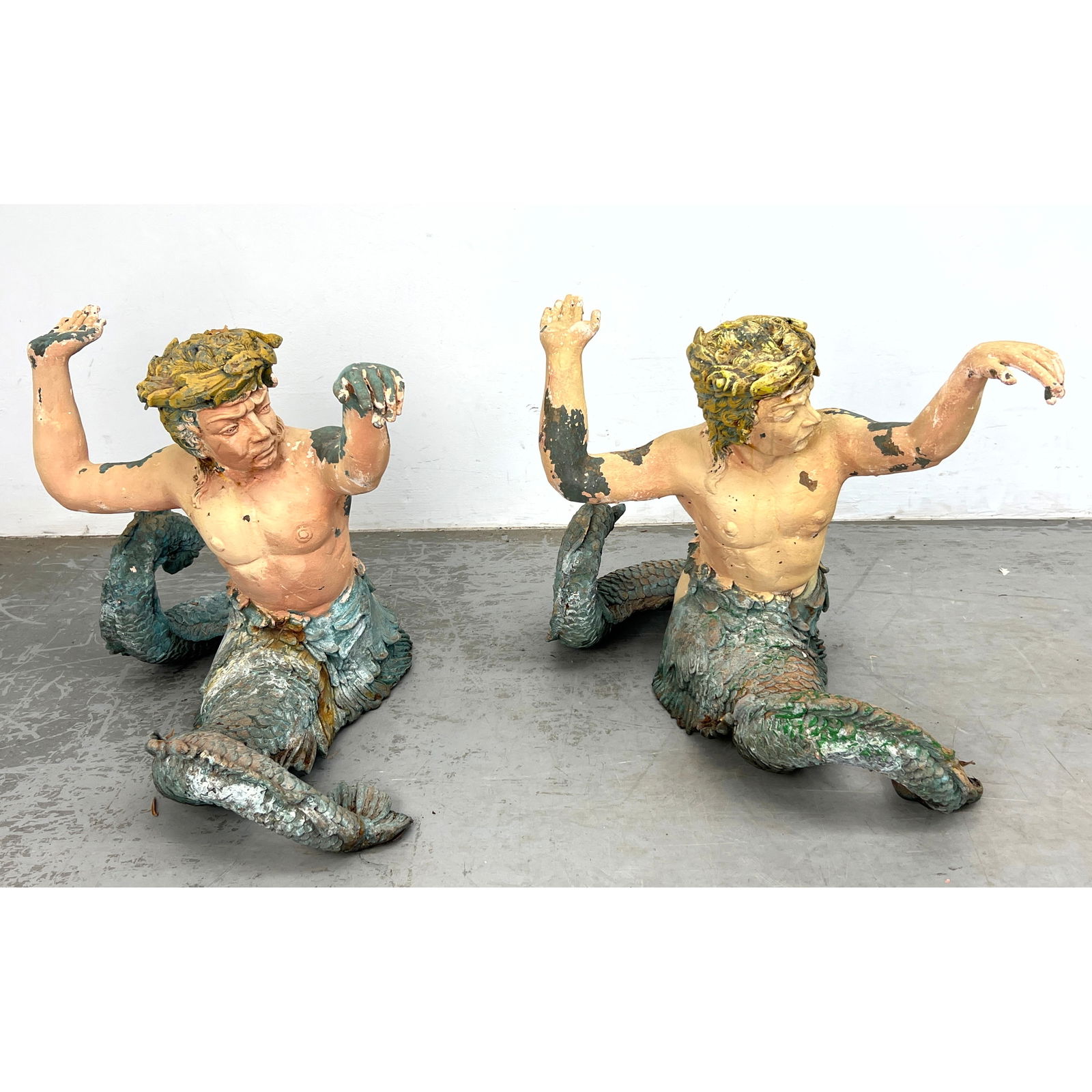 Pr Polychrome Metal Figural Mermen. Highly detailed. Likely later paint finish. Could be adapted as (1 of 14)