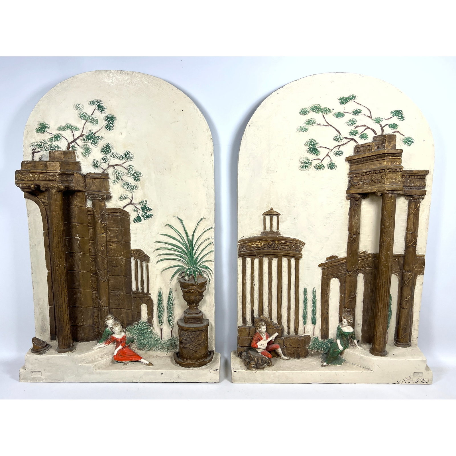 Pair Vintage Italian Neoclassical Style Fiberglass Decor Elements. Possibly for a restaurant. Espada: Pair Vintage Italian Neoclassical Style Fiberglass Decor Elements. Possibly for a restaurant. Espada. Dimensions: Height: 34 inches, Width: 22.5 inches, Depth: 4 inches. --- - We offer curbside delive
