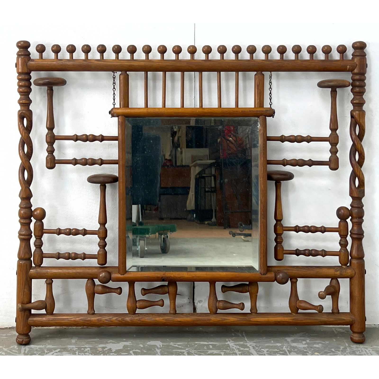 Antique Oak Stick and Ball Wall Hat Rack and Mirror. Highly Decorative Frame with Multiple Hooks for (1 of 8)