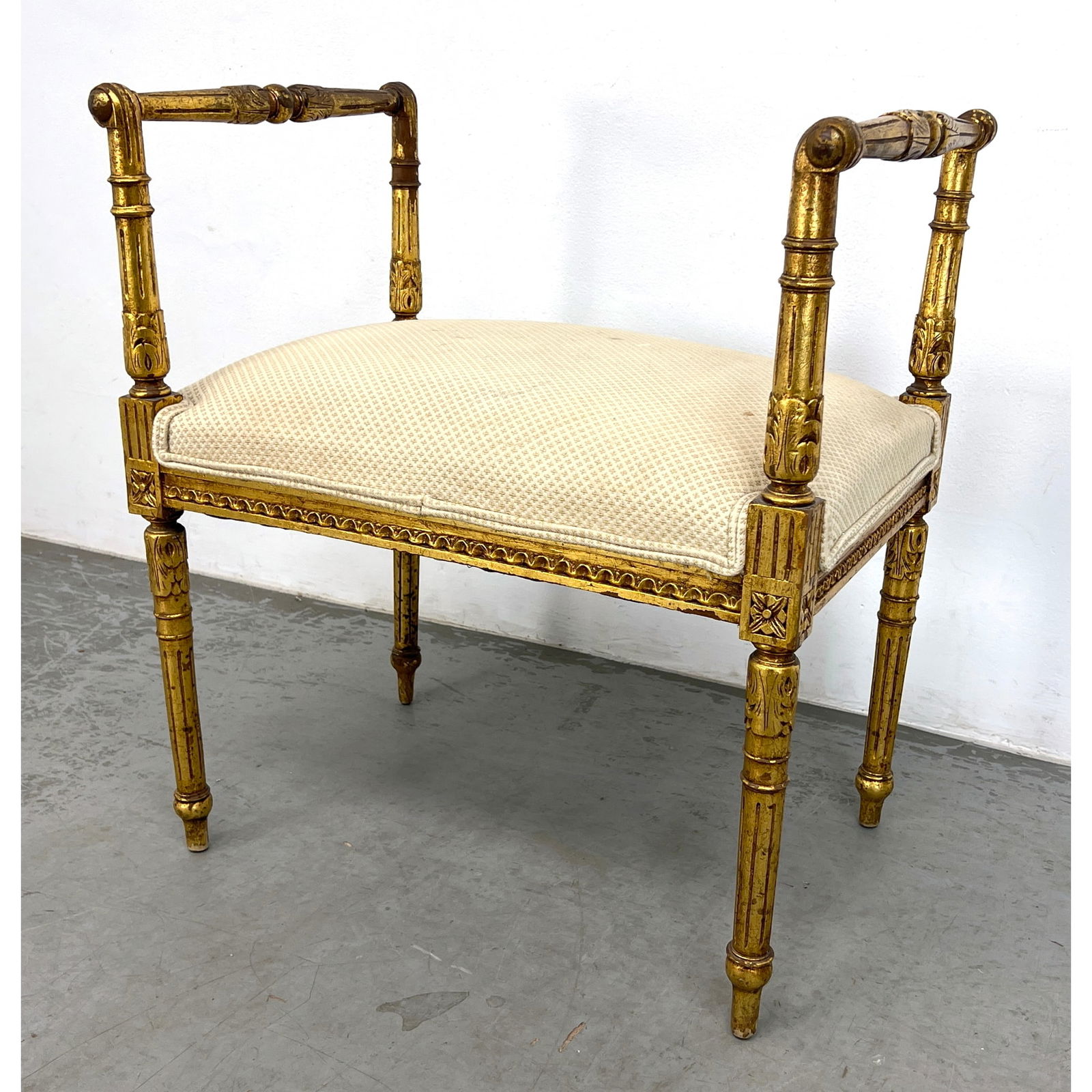 Antique Gilt Carved Wood French style Louis XVI Bench. Highly decorative Legs and Arms. Upholstered (1 of 10)