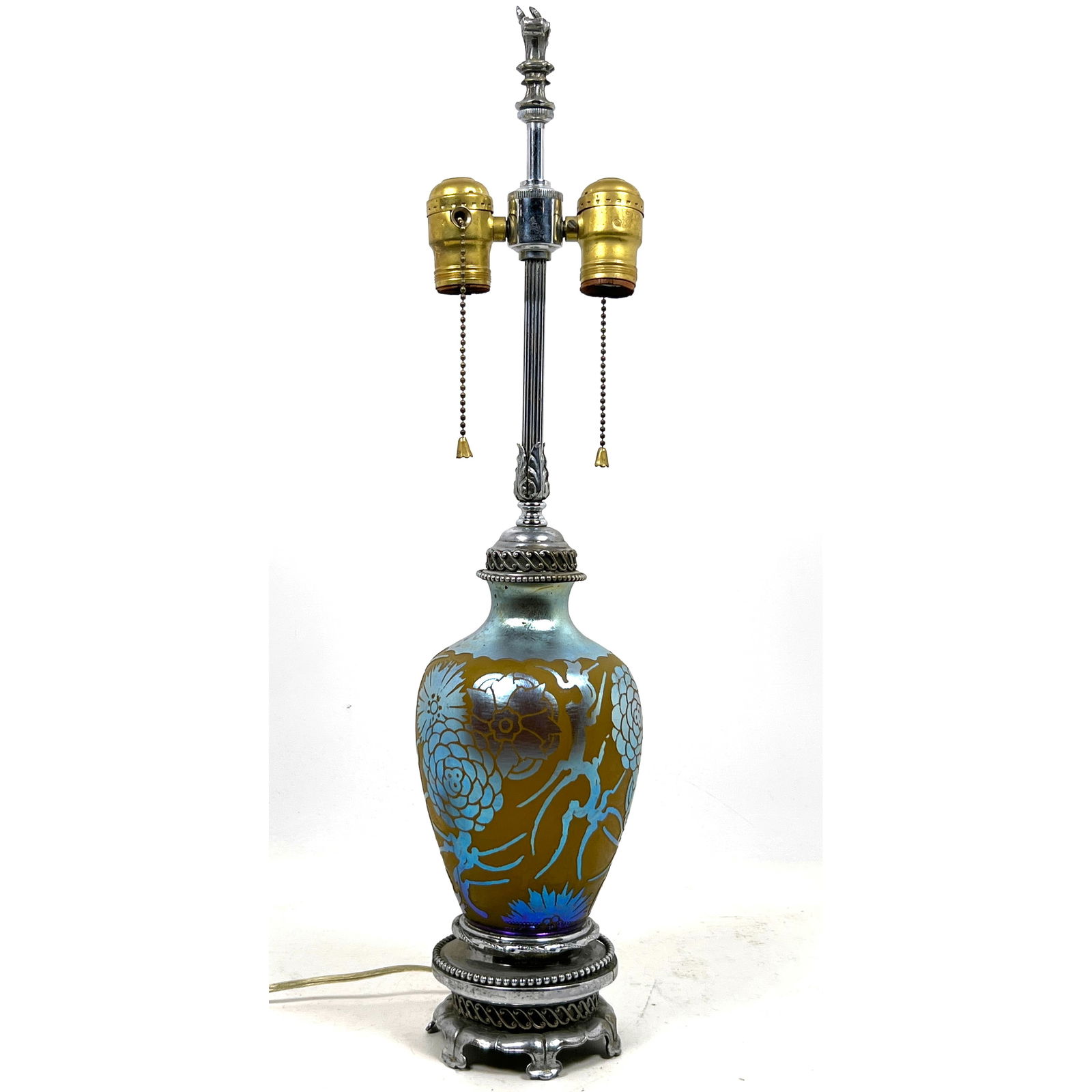 Steuben yellow jade and blue Aurene Acid cut back lamp. Glass in good condition.: Steuben yellow jade and blue Aurene Acid cut back lamp. Glass in good condition. Dimensions: Height: 23.5 inches, Width: 5 inches, Depth: 5 inches. --- US Packing and Shipping charge: In house shippin