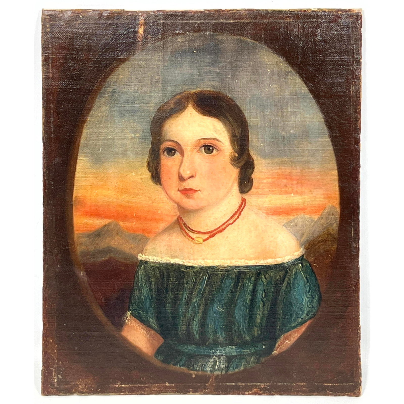 Antique American folk art portrait of a young girl, laid on canvas board.: Antique American folk art portrait of a young girl, laid on canvas board. Dimensions: Frame Height: 12 inches, Frame Width: 10 inches. - Image Size: Image Height: 10.75 inches, Image Width: 8.25 inche