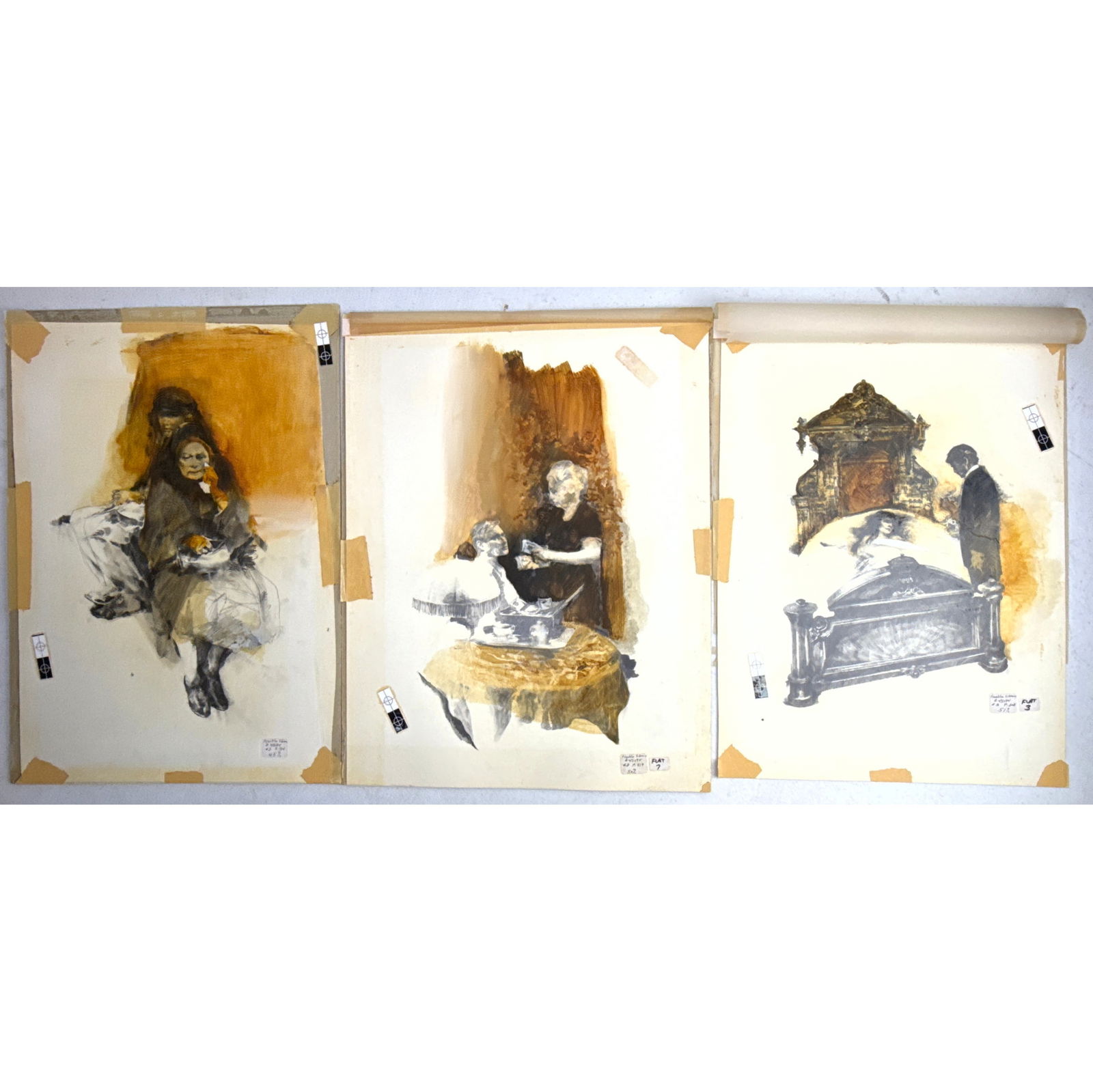 3pc HERBERT TAUSS Original painting on board  original watercolor for use in KATHERINE ANNE PORTER, (1 of 12)