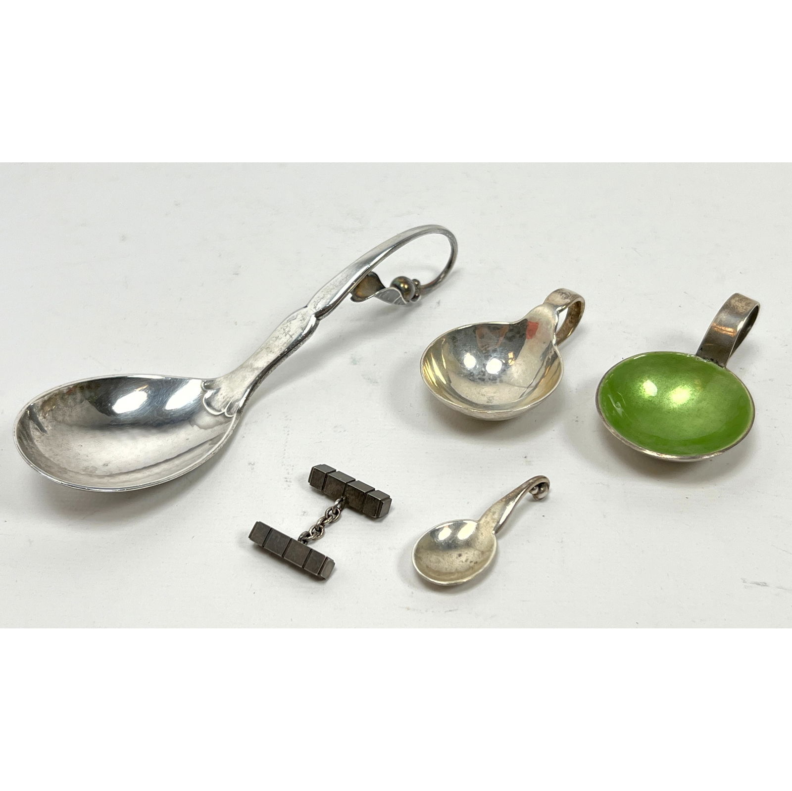 5pc Georg Jensen sterling silver and enamel items including salt cellars and spoon No. 110, Blossom (1 of 18)
