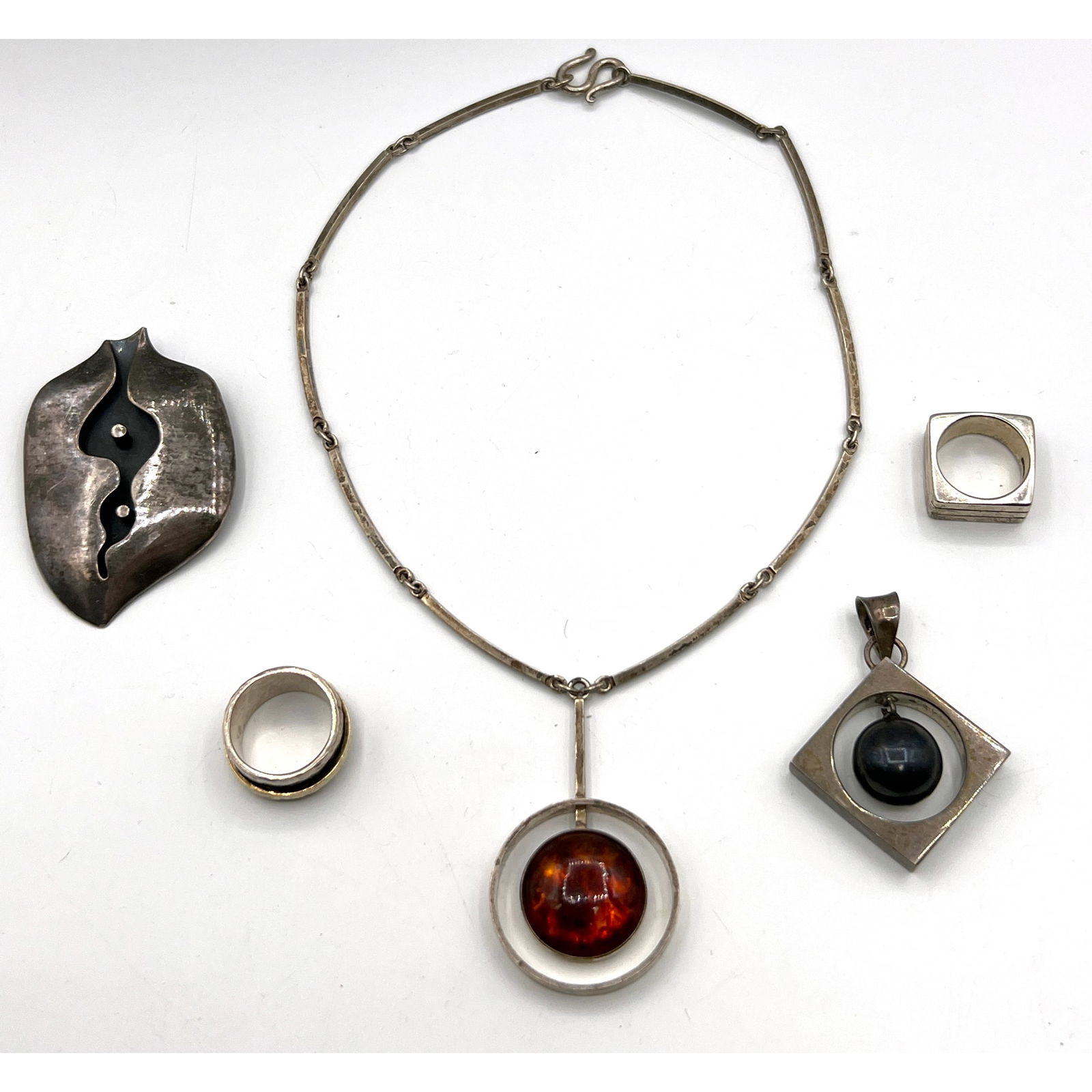 5pc MCM Sterling Silver Jewelry. NE FROM Danish Modern Amber Pendant on NE FROM Necklace; Marked. 2) (1 of 17)