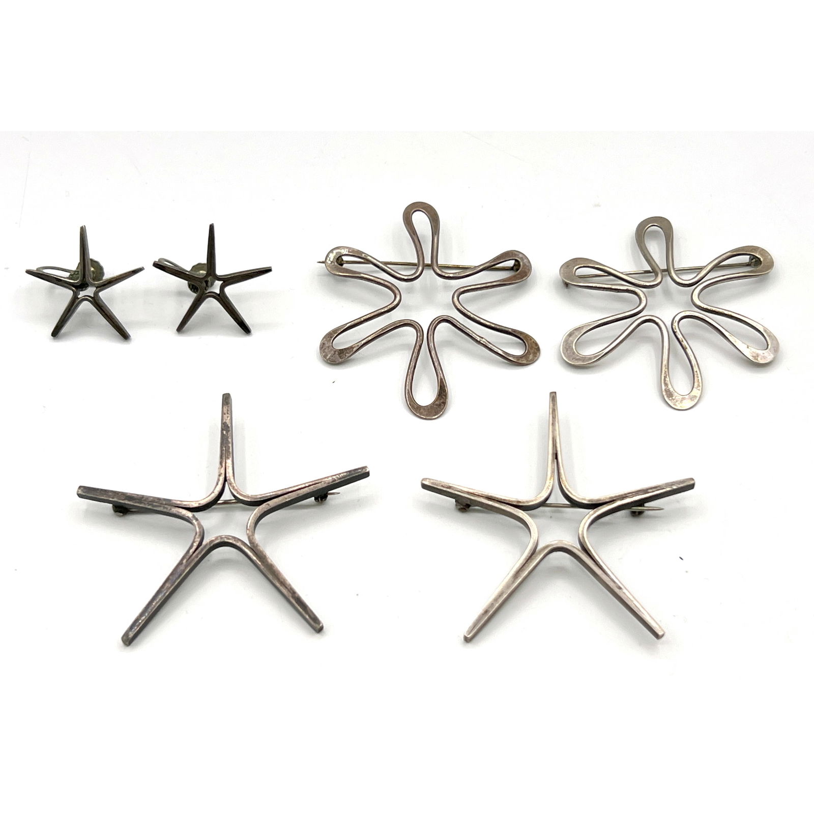 5pc MCM Sterling Silver Starburst Jewelry. Two Petal form Brooches Signed LASAK. Two 5 Pointed Star (1 of 15)