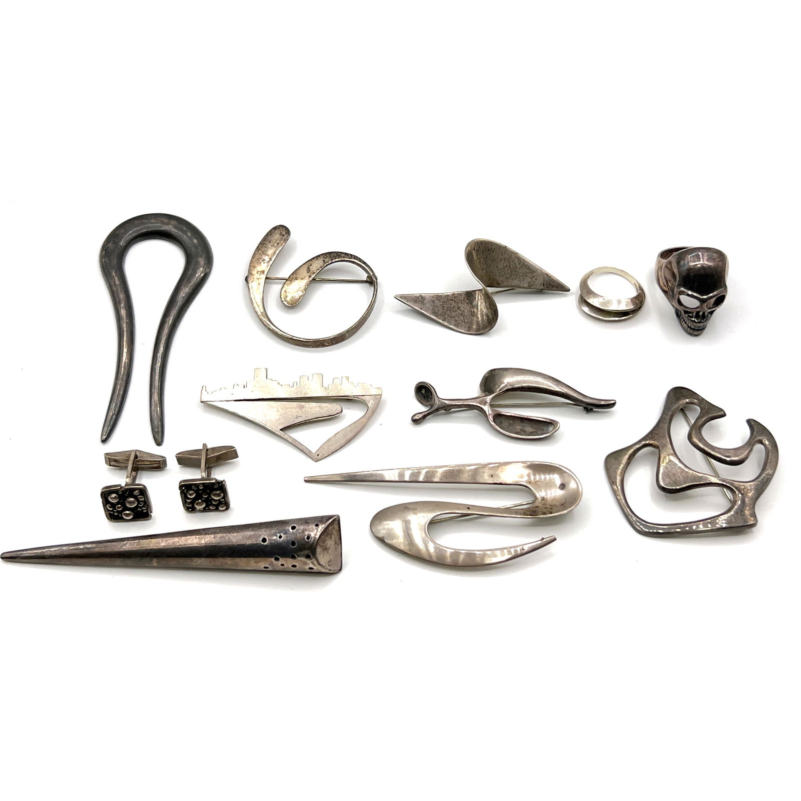 Collection 10pc Sterling and Silver MCM Jewelry. Seven Brooches with Modernist Studio style includin (1 of 20)