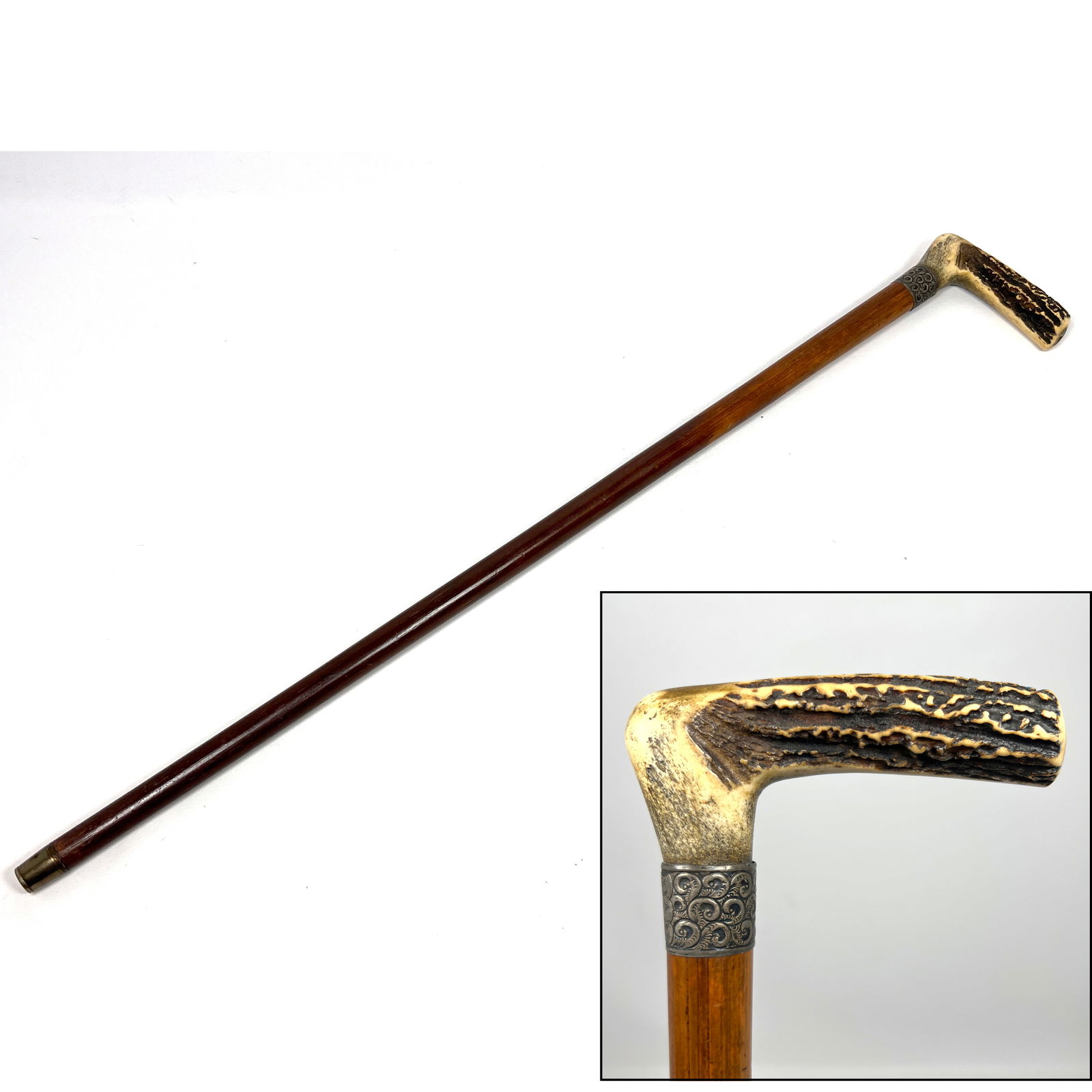 WH Sterling Mounted Stag Horn Handled Cane Walking Stick. (1 of 7)