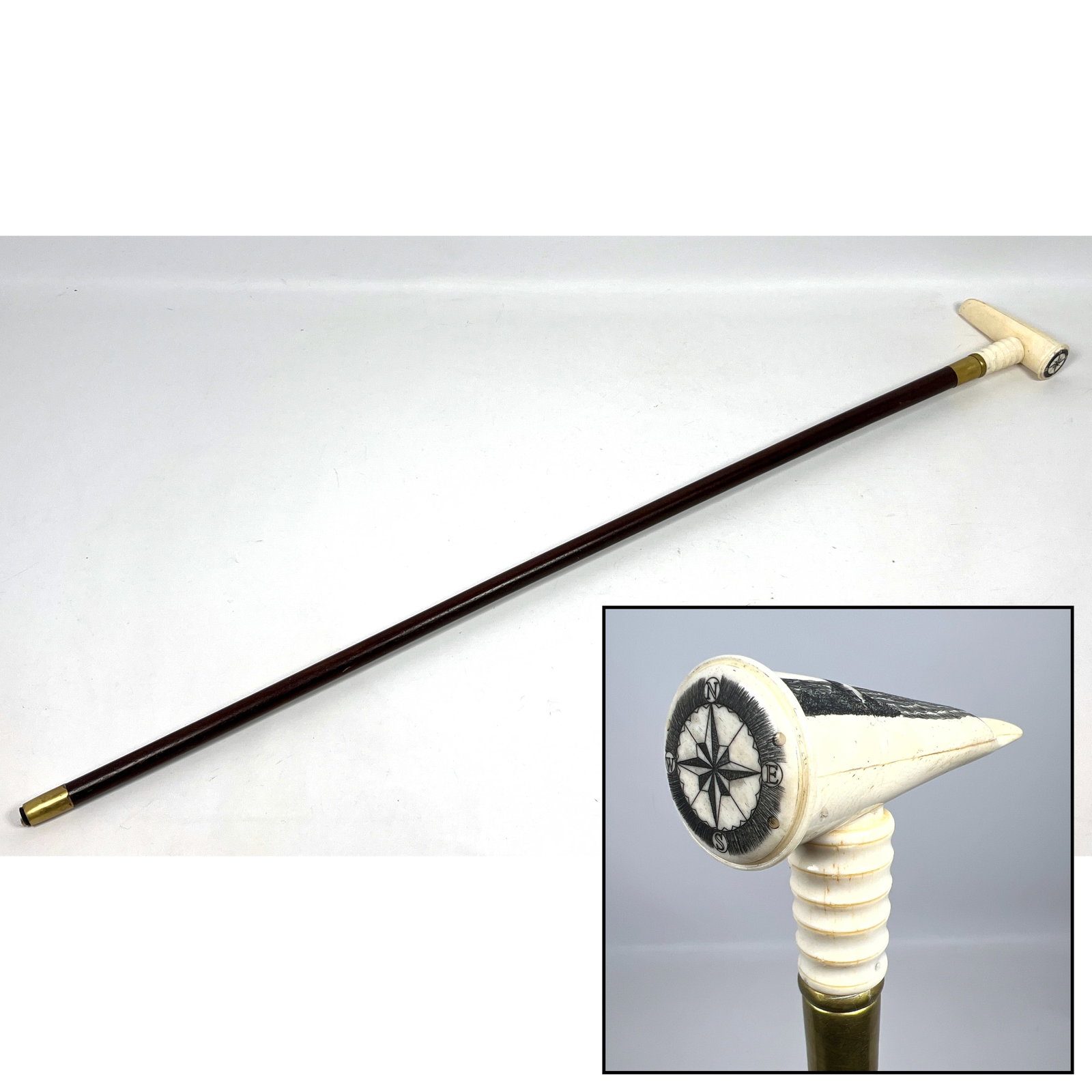 Vintage Scrimshaw Engraved Cane Walking Stick. Lighthouse and whaling ship.: Vintage Scrimshaw Engraved Cane Walking Stick. Lighthouse and whaling ship. Dimensions: Height: 38 inches, Width: inches. --- US Packing and Shipping charge: In house shipping available. Will be calcu