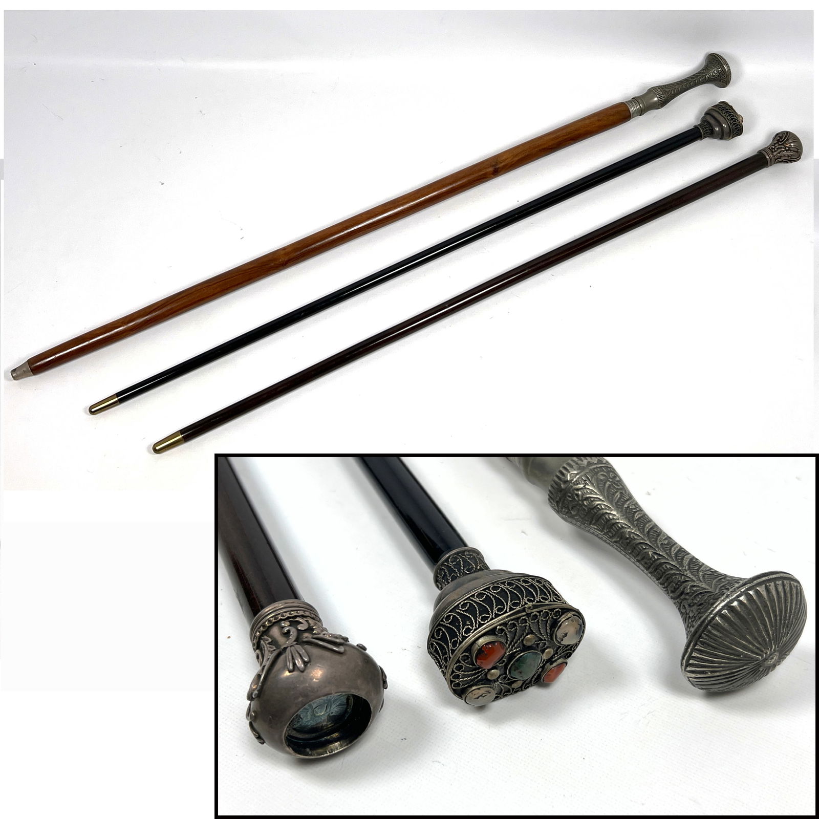 3pcs Vintage Canes Walking Sticks. Silver and metal Mounted tops.: 3pcs Vintage Canes Walking Sticks. Silver and metal Mounted tops. Dimensions: Height: 39.5 inches, Width: inches. --- US Packing and Shipping charge: In house shipping available. Will be calculated on